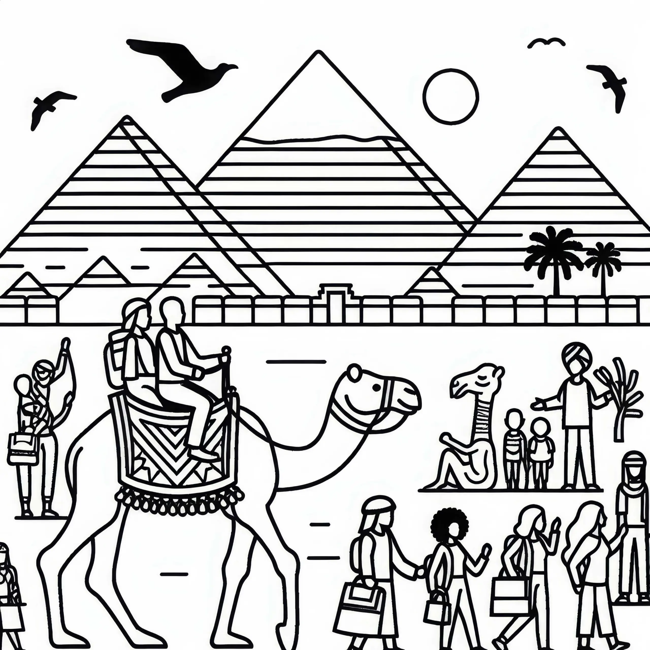 Pyramiden von Gizeh, Ägypten mit Kamel und Touristen – Ausmalbild für Afrika