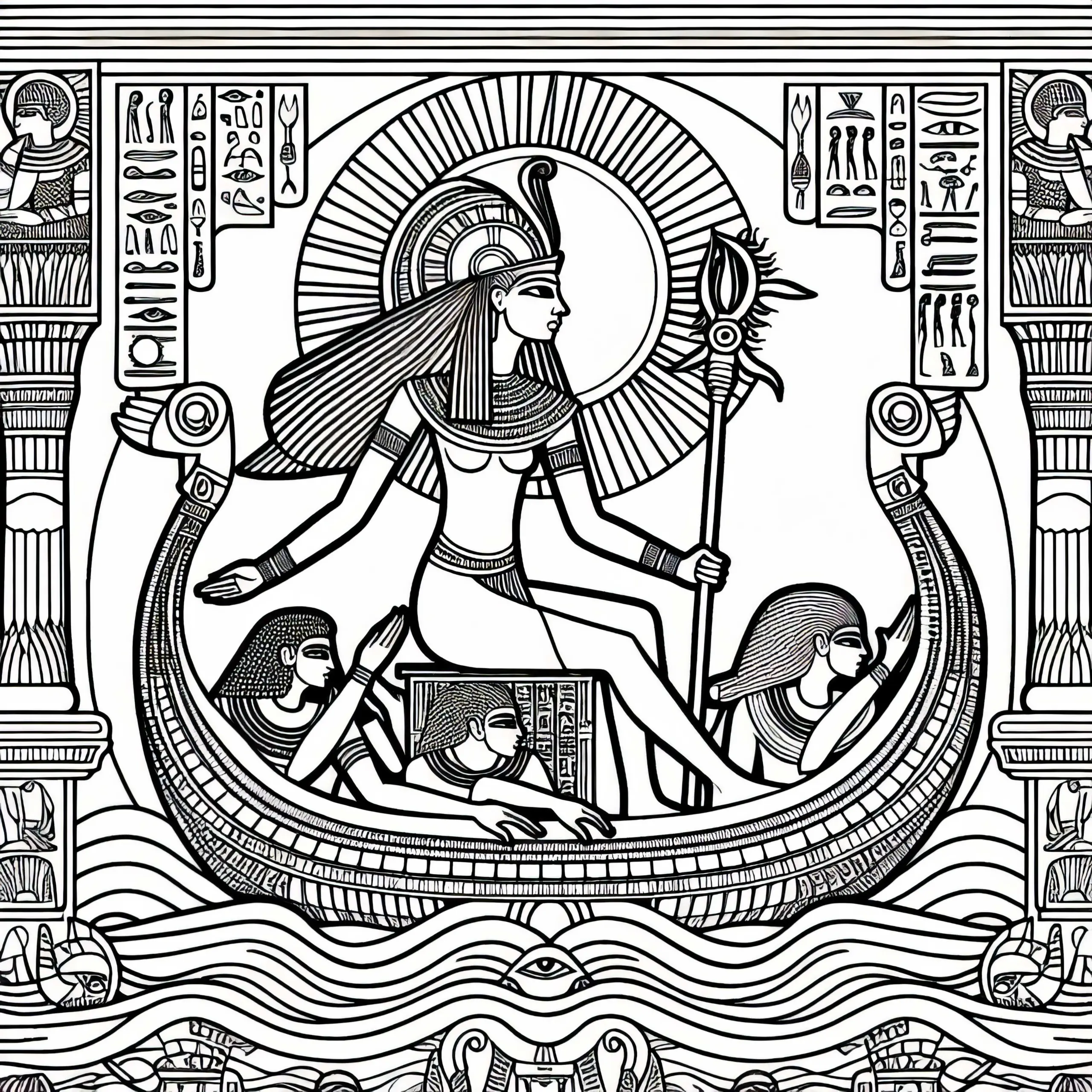Ra der Sonnengott im Sonnenboot auf Reise durch die Unterwelt – Malvorlage Ägyptische Mythologie kostenlos (Ausmalbild)