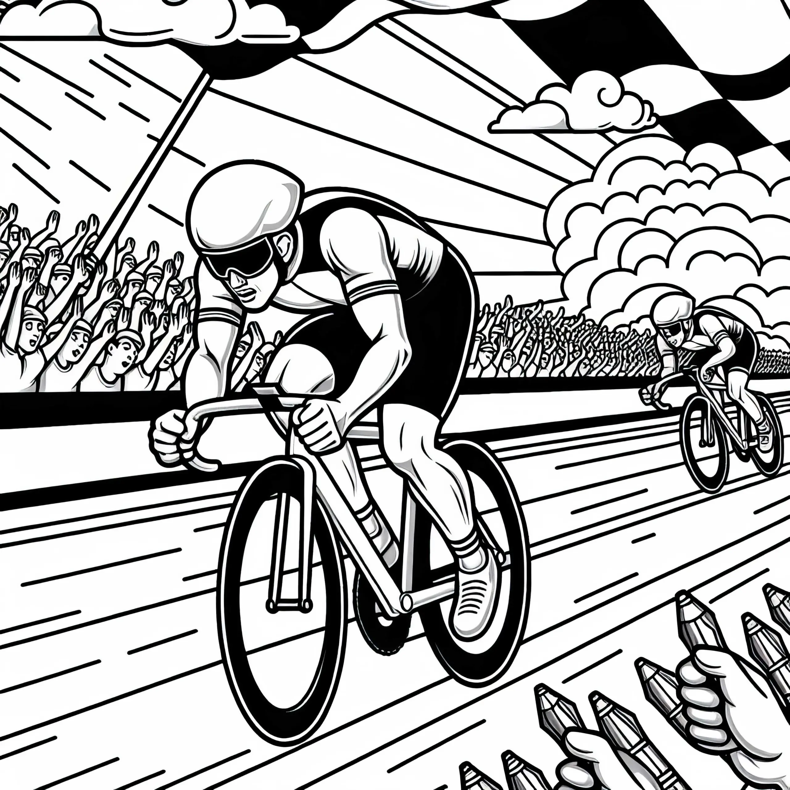 Radfahrer sprintet beim Radsport zur Ziellinie – Malvorlage kostenlos (Ausmalbild)