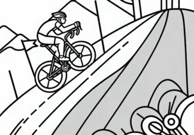 Radrennfahrer erklimmt steilen Hügel – Malvorlage einfach und gratis
