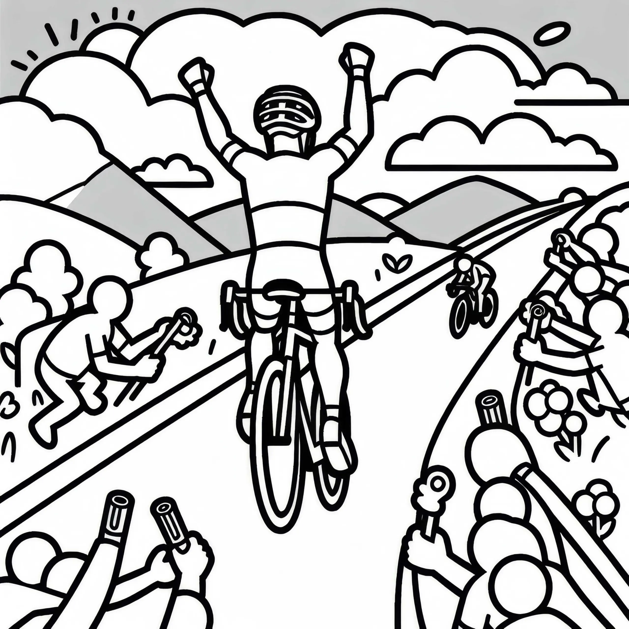Radsportler hebt jubelnd die Arme nach Sieg – Ausmalbild kostenlos