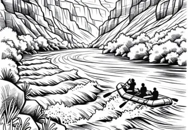 Rafting im Fluss eines Canyons – Malvorlage gratis