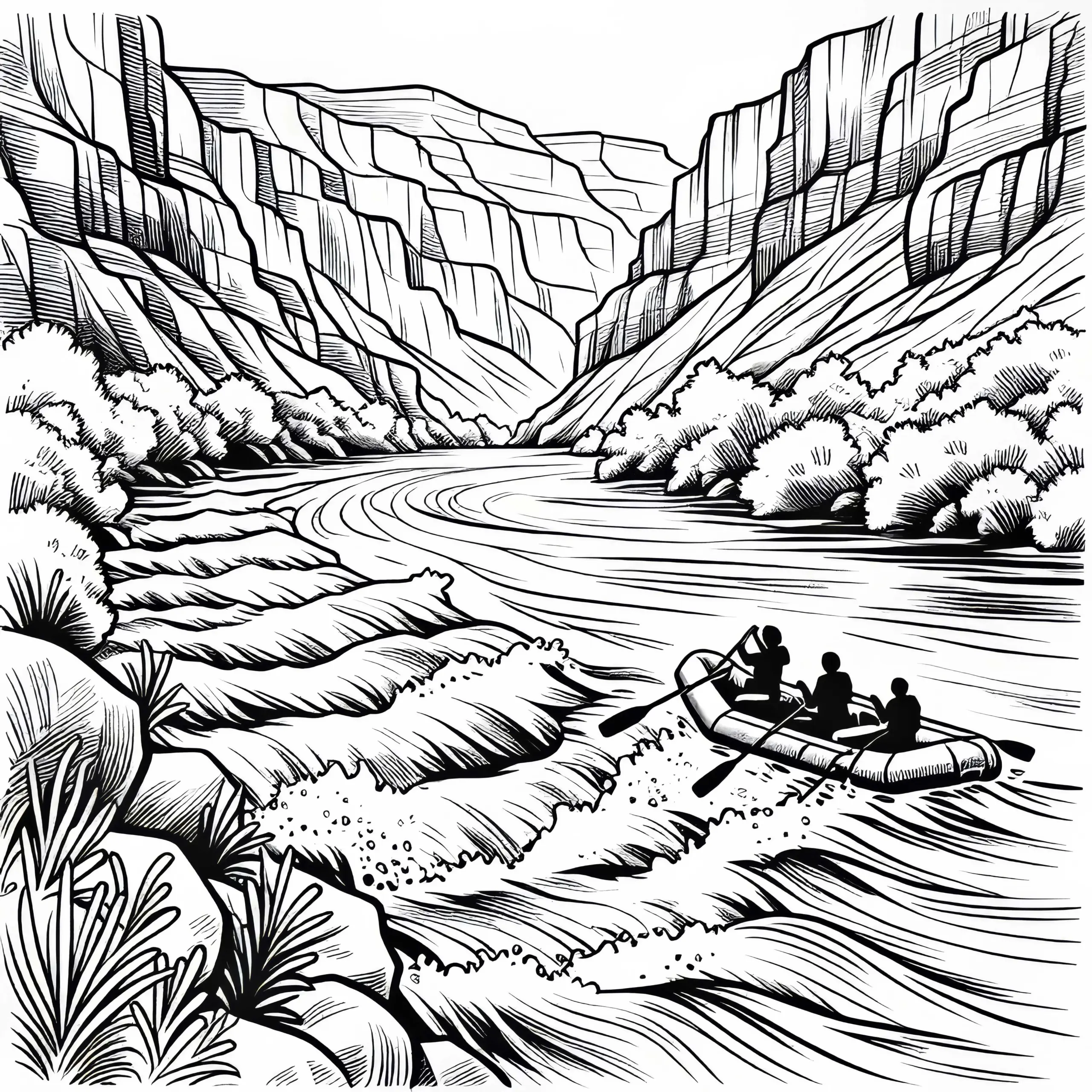 Rafting im Fluss eines Canyons – Malvorlage gratis (Ausmalbild)