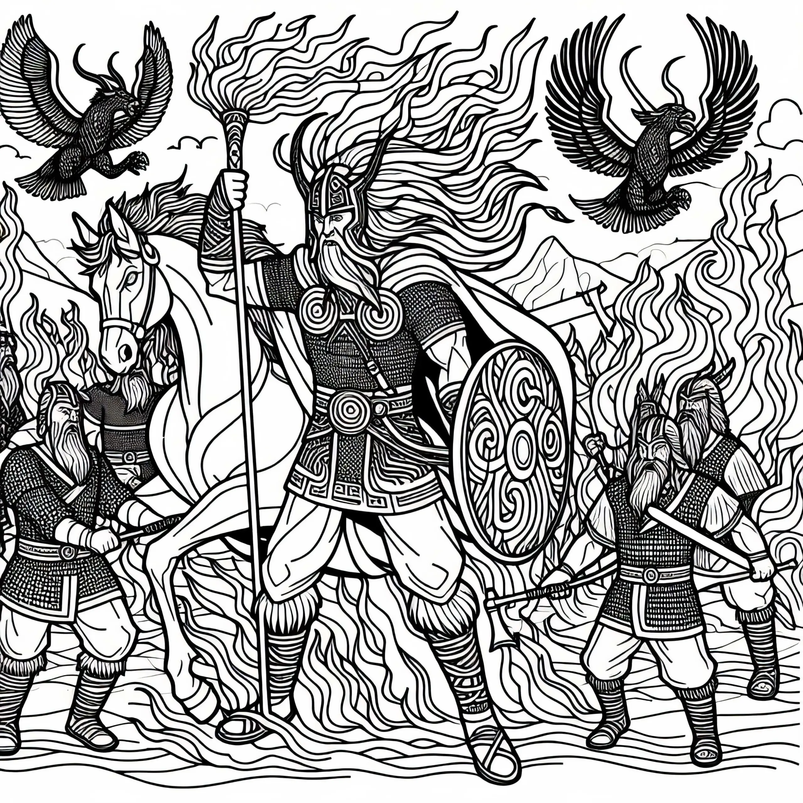 Ragnarok: Die Endzeit mit Kämpfenden Göttern und Feuerriesen – Malvorlage nordische Mythologie kostenlos (Ausmalbild)