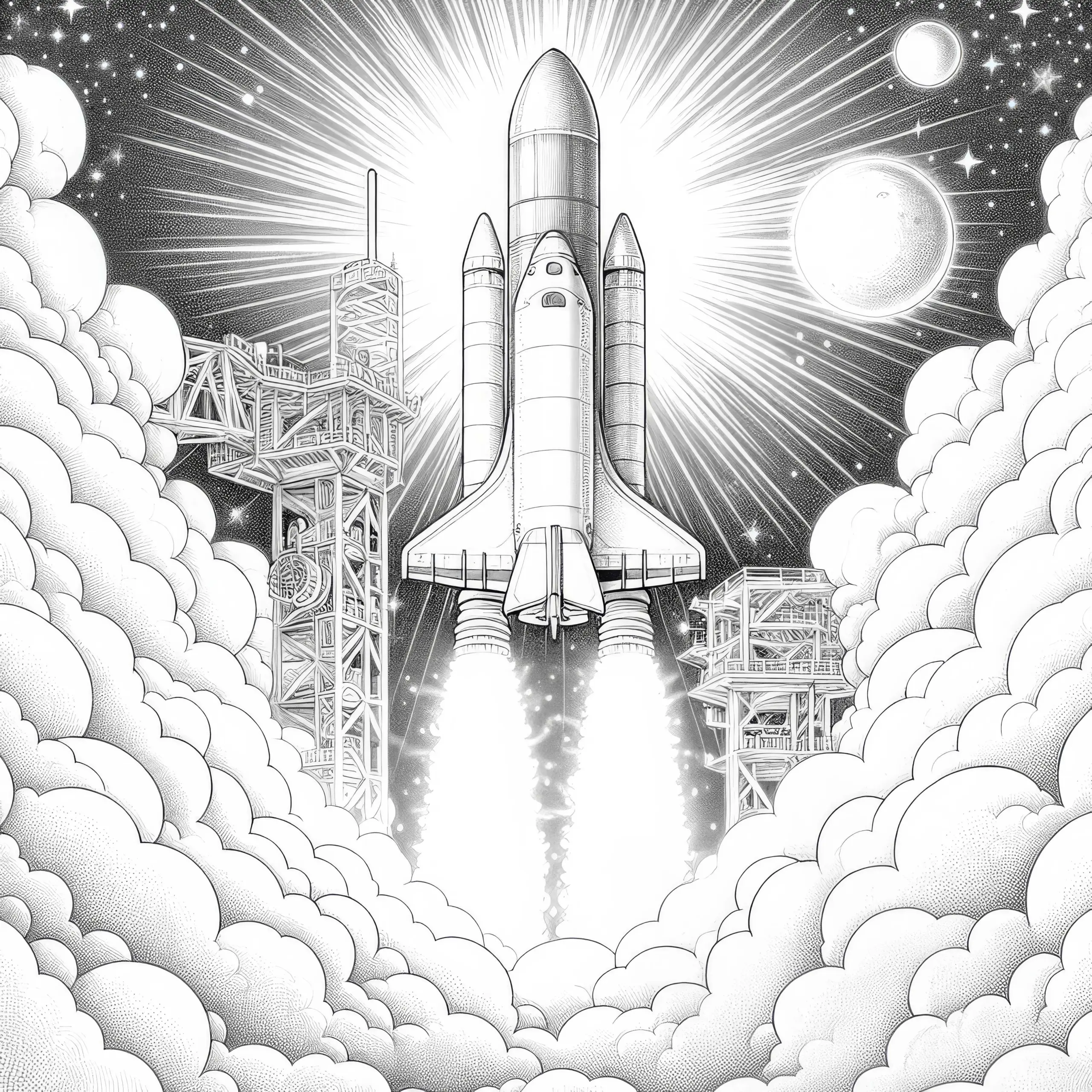 Rakete beim Start – Malvorlage detailreich und kostenlos (Ausmalbild)