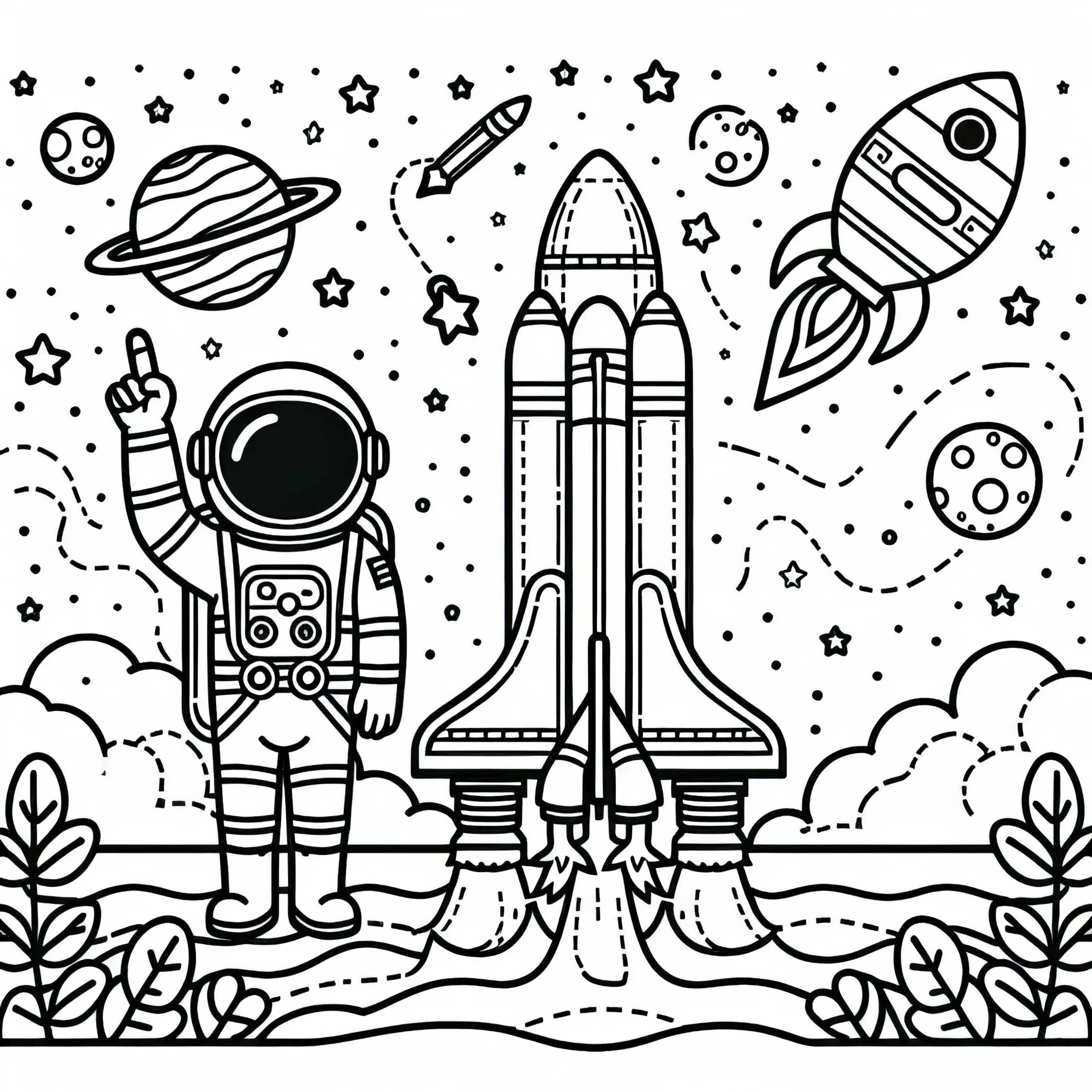 Rakete beim Start – Malvorlage einfach und kostenlos (Ausmalbild)