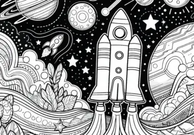 Rakete im Weltall – Ausmalbild kostenlos