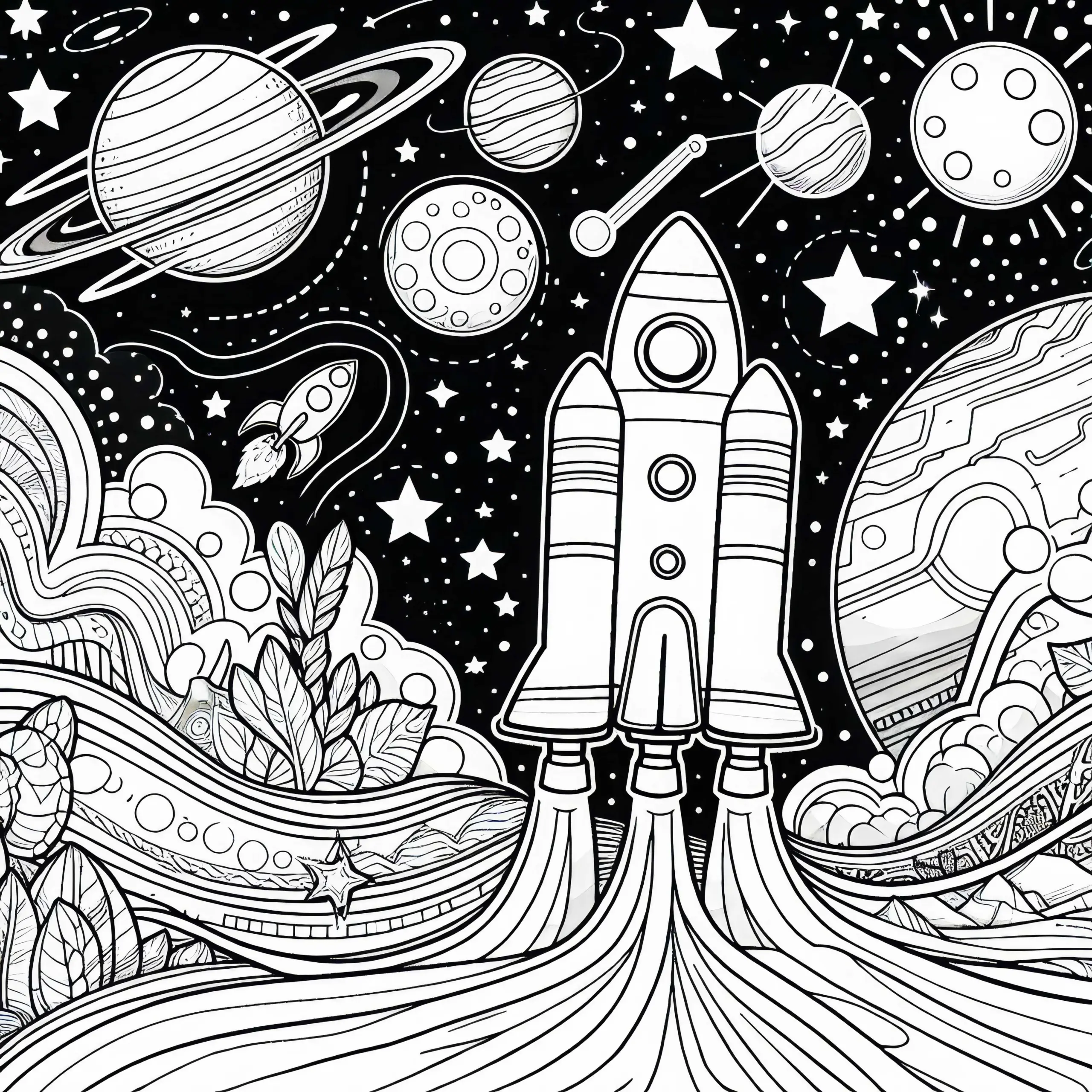Rakete im Weltall – Ausmalbild kostenlos