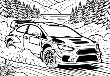 Rallye-Fahrer lenkt präzise durch einen verschneiten Abschnitt der Strecke – Malvorlage gratis