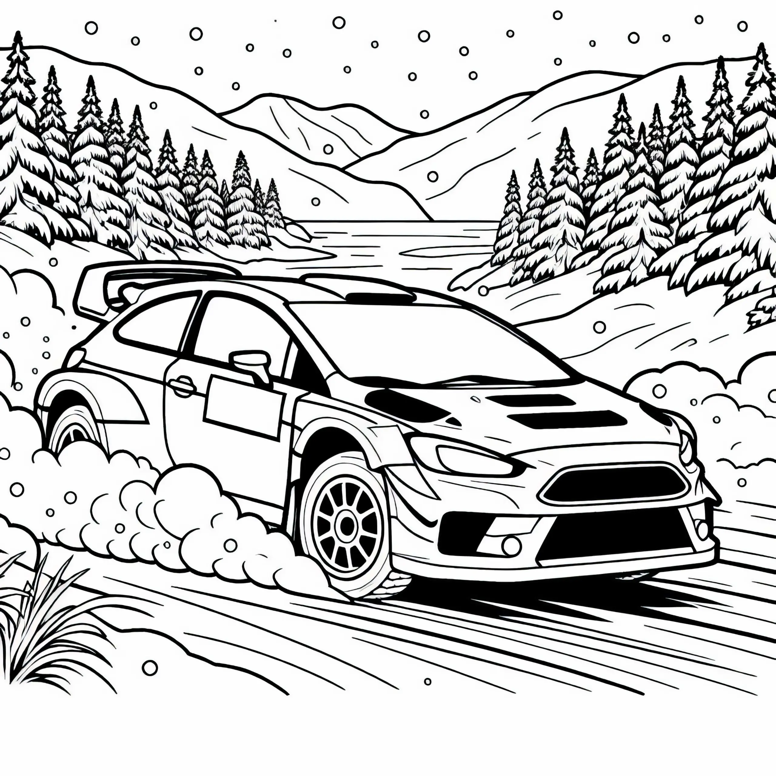 Rallye-Fahrer lenkt präzise durch einen verschneiten Abschnitt der Strecke – Malvorlage gratis (Ausmalbild)