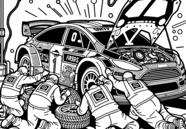 Das Rallye-Mechanikerteam arbeitet hektisch an einem beschädigten Auto – Ausmalbild kostenlos