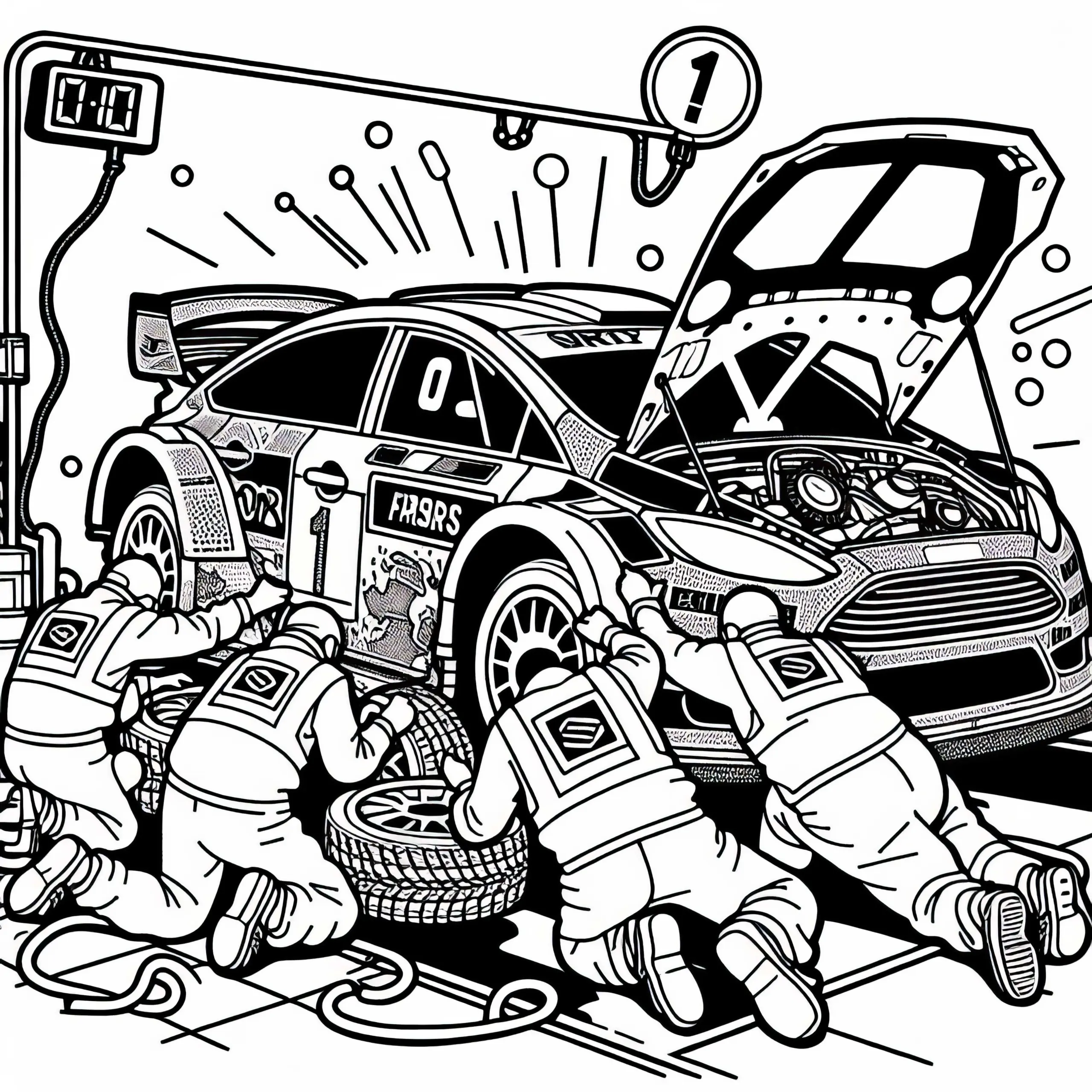 Das Rallye-Mechanikerteam arbeitet hektisch an einem beschädigten Auto – Ausmalbild kostenlos