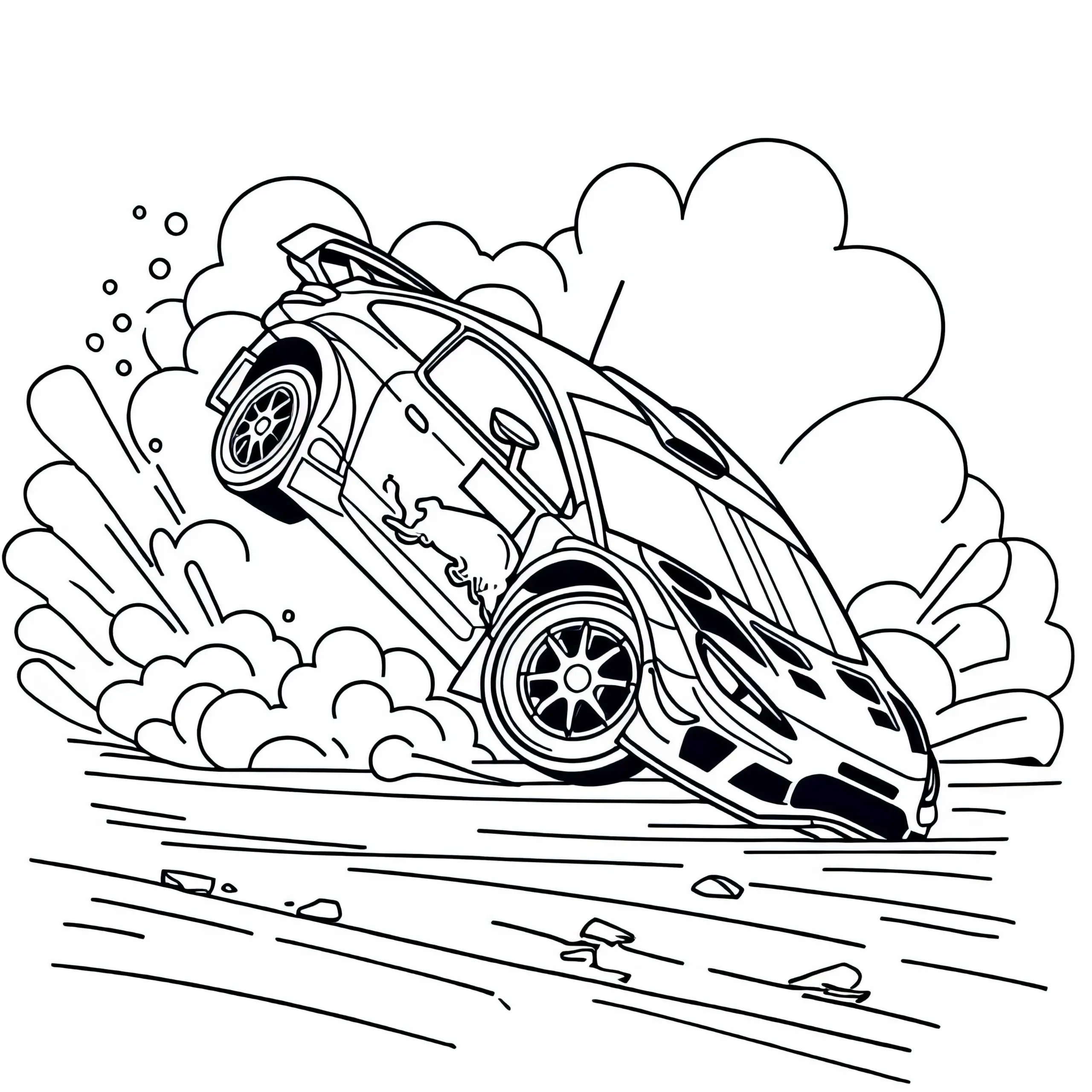 Rallyeauto baut Unfall – Malvorlage kostenlos herunterladen (Ausmalbild)