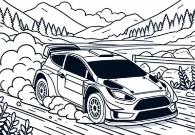Rallyefahrer steuert Auto über staubige Piste – Ausmalbild kostenlos