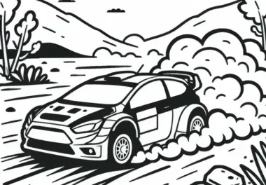 Rallyefahrzeug rast durch staubige Wüstene Strecke – Malvorlage gratis