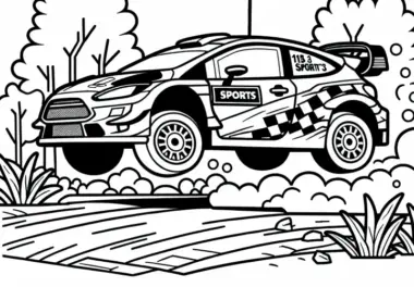 Rallyefahrzeug springt über Bodenwelle – Malvorlage kostenlos
