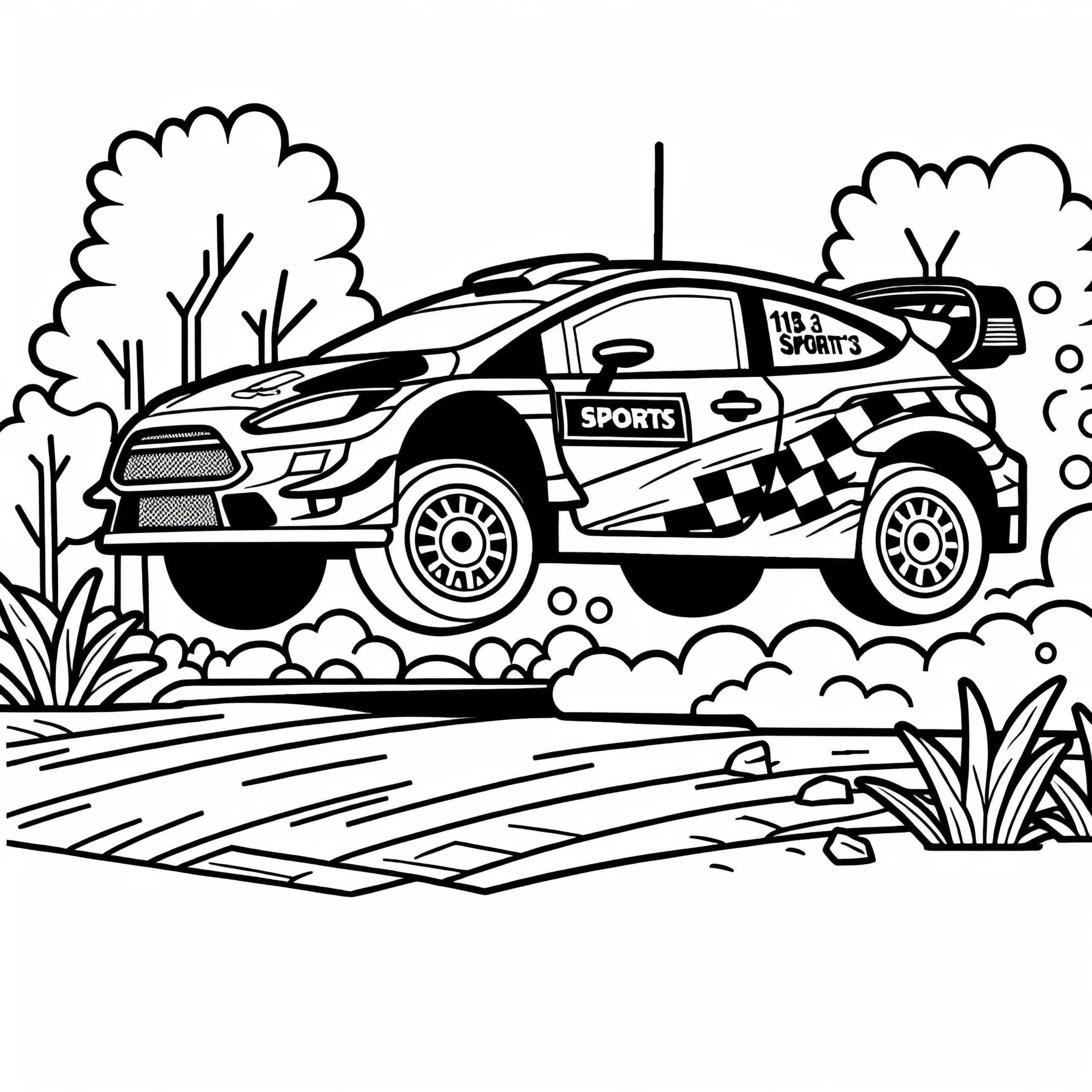 Rallyefahrzeug springt über Bodenwelle – Malvorlage kostenlos (Ausmalbild)