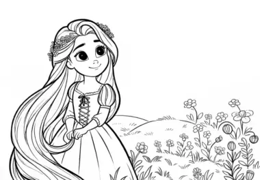 Rapunzel entdeckt die Blumenwiese, als sie mit dem Prinzen wiedervereint wird – Malvorlage