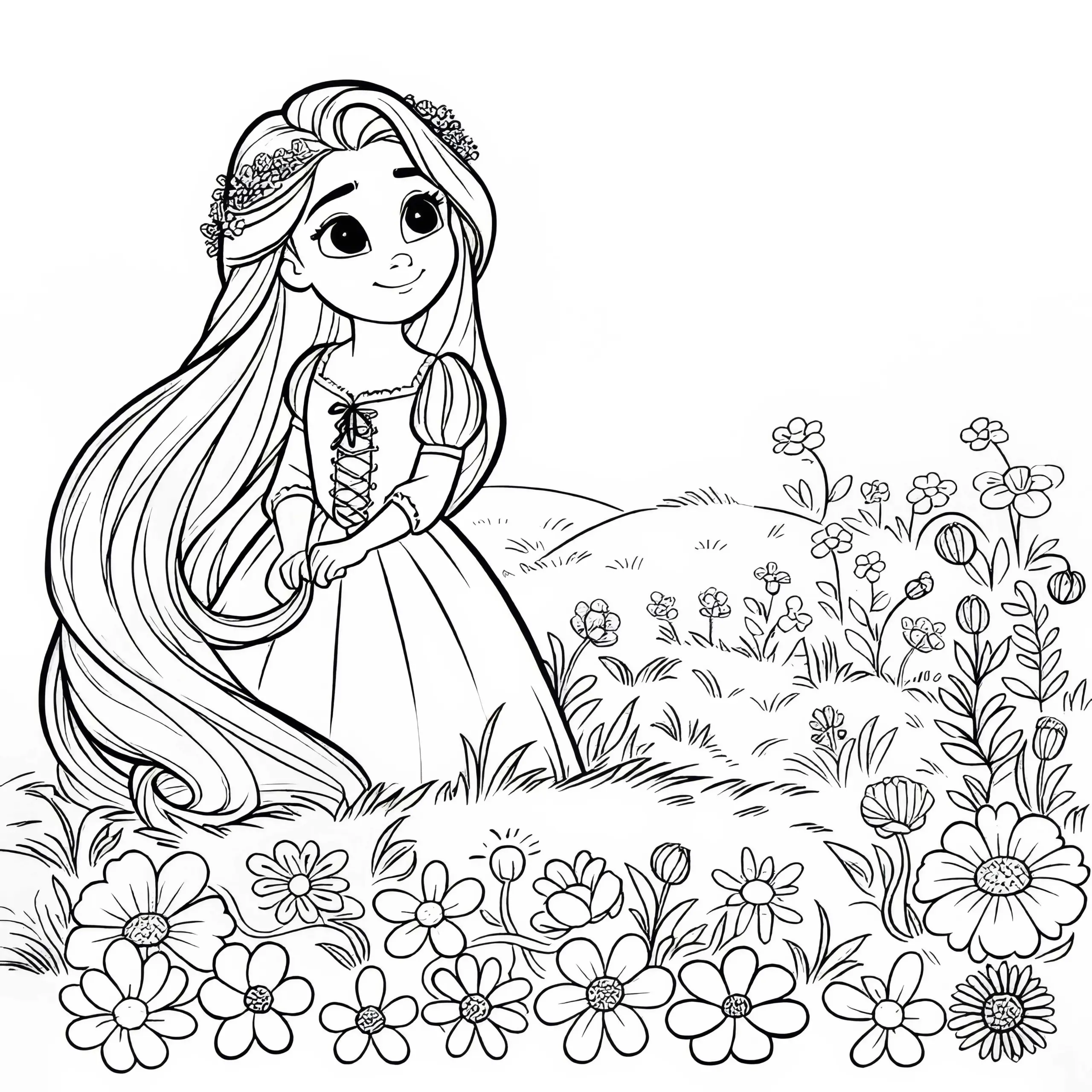 Rapunzel entdeckt die Blumenwiese, als sie mit dem Prinzen wiedervereint wird – Malvorlage (Ausmalbild)