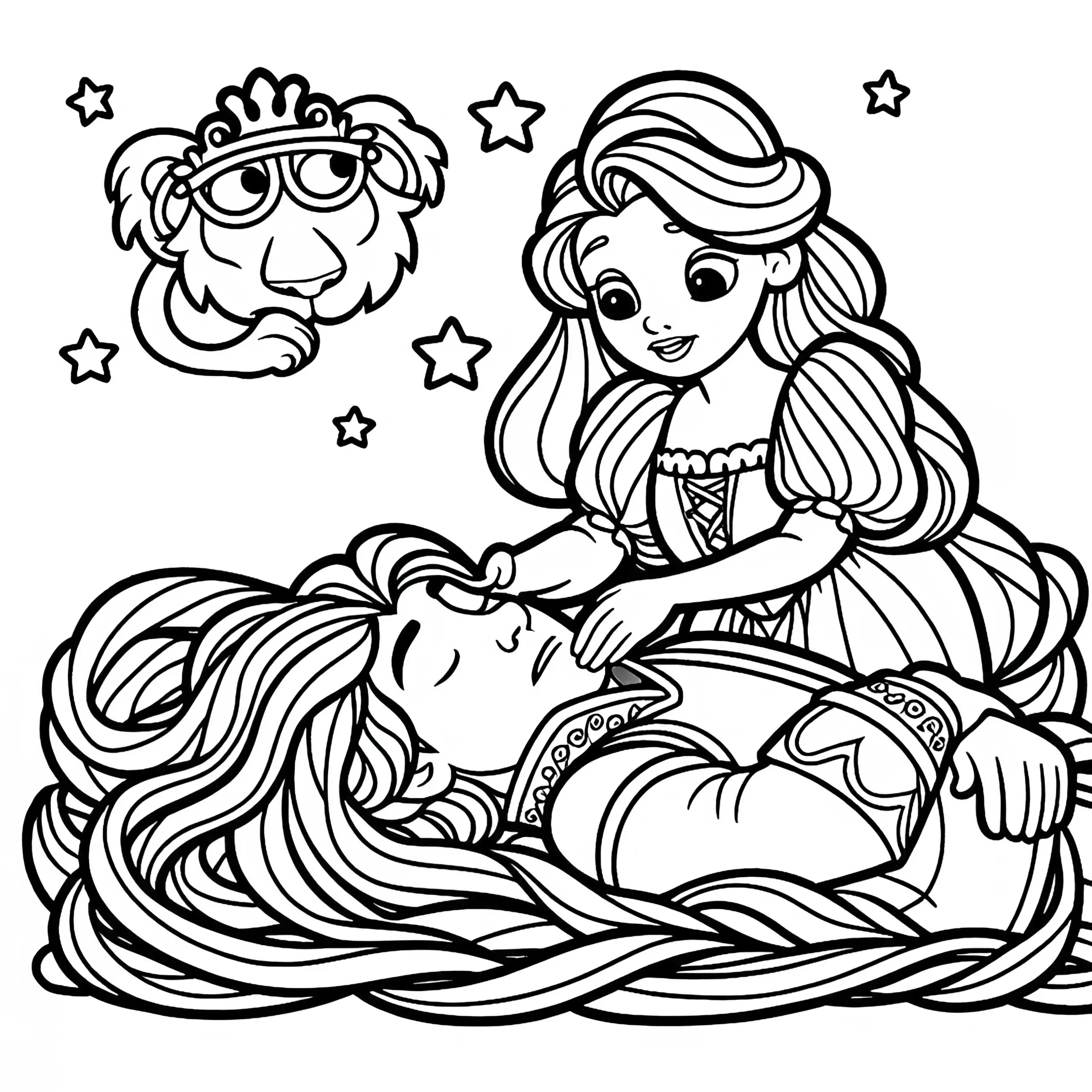 Rapunzel hilft Prinzen, seine Sehkraft zurückzubekommen – Malvorlage (Ausmalbild)