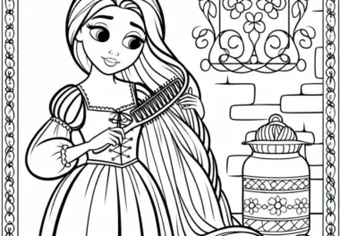 Rapunzel kämmt ihr langes Haar – Malvorlage einfach kostenlos