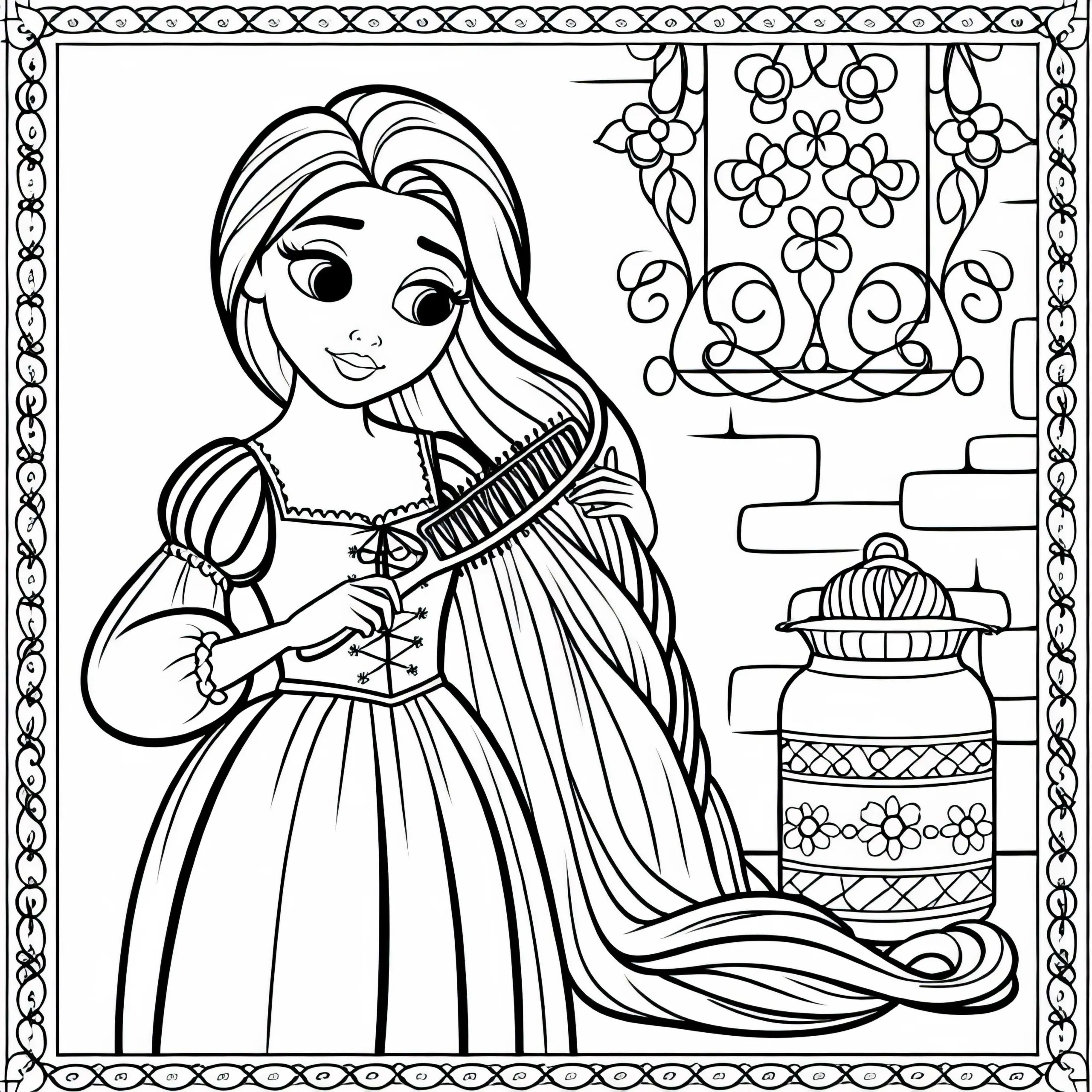 Rapunzel kämmt ihr langes Haar – Malvorlage einfach kostenlos (Ausmalbild)