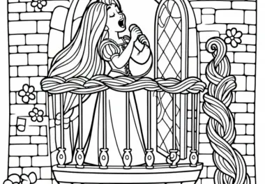Rapunzel singt am Fenster ihres Turms – Ausmalbild einfach gratis