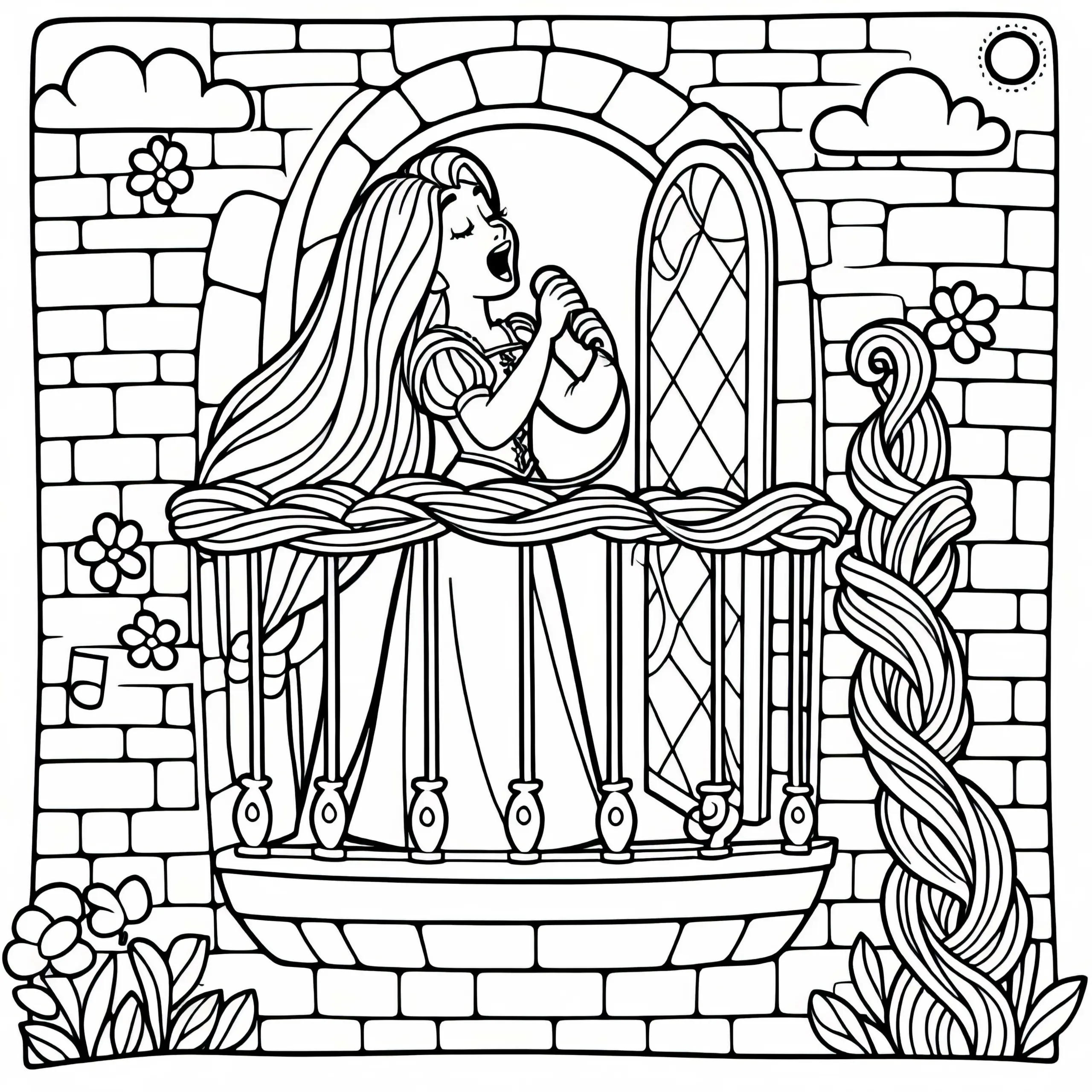 Rapunzel singt am Fenster ihres Turms – Ausmalbild einfach gratis