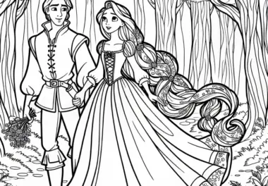 Rapunzel und Prinz fliehen aus dem Wald – Ausmalbild gratis