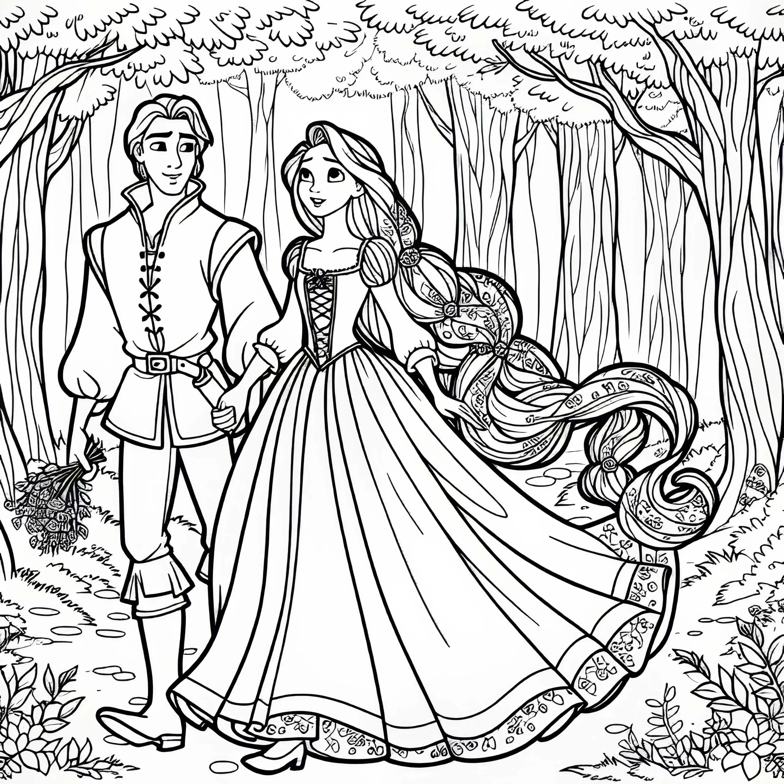 Rapunzel und Prinz fliehen aus dem Wald – Ausmalbild gratis