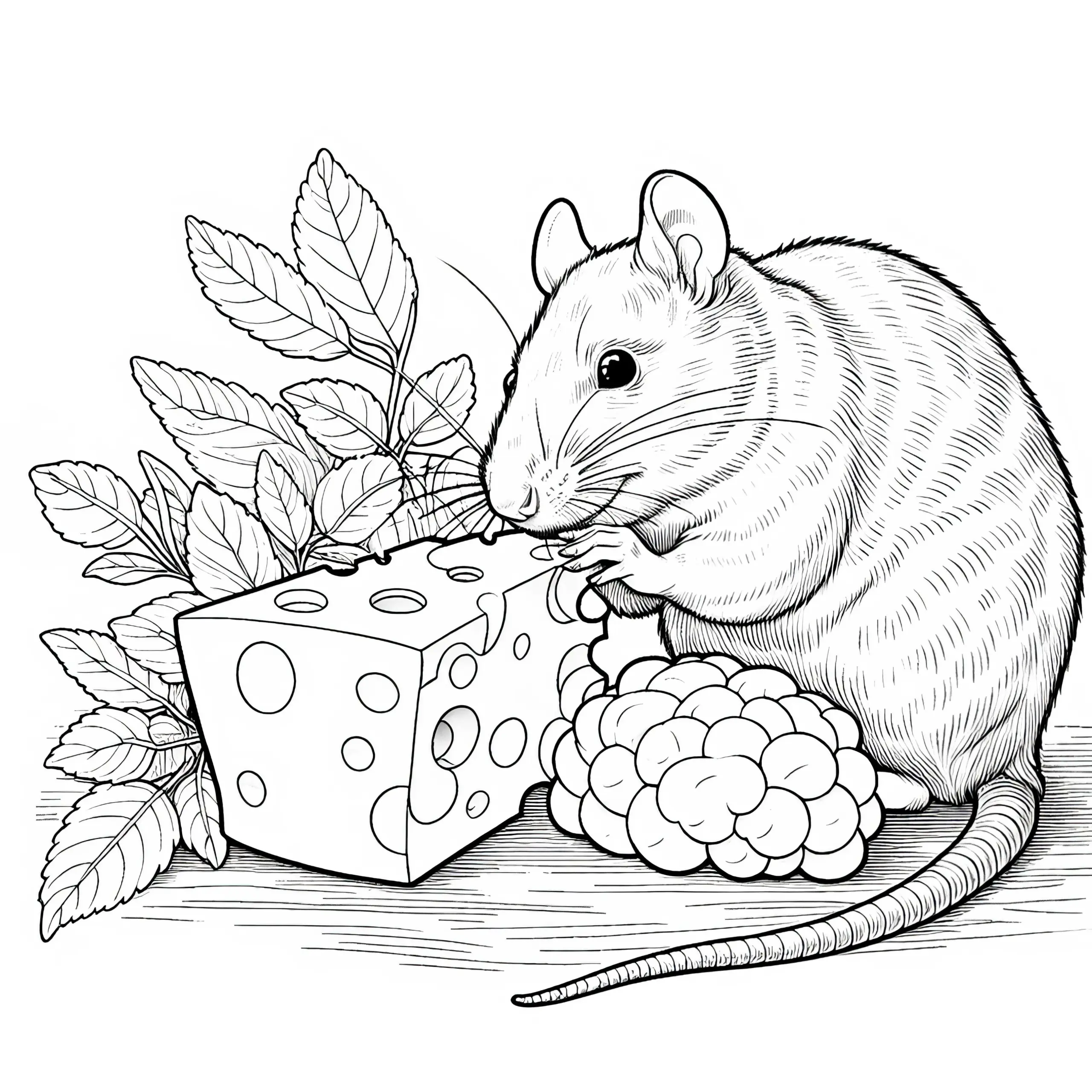 Ratte knabbert an Käse – Malvorlage detailreich gratis (Ausmalbild)