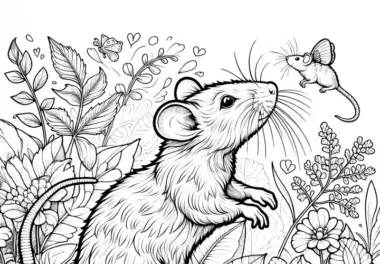 Ratte steht auf ihren Hinterpfoten und schnuppert – Ausmalbild in Detailreich