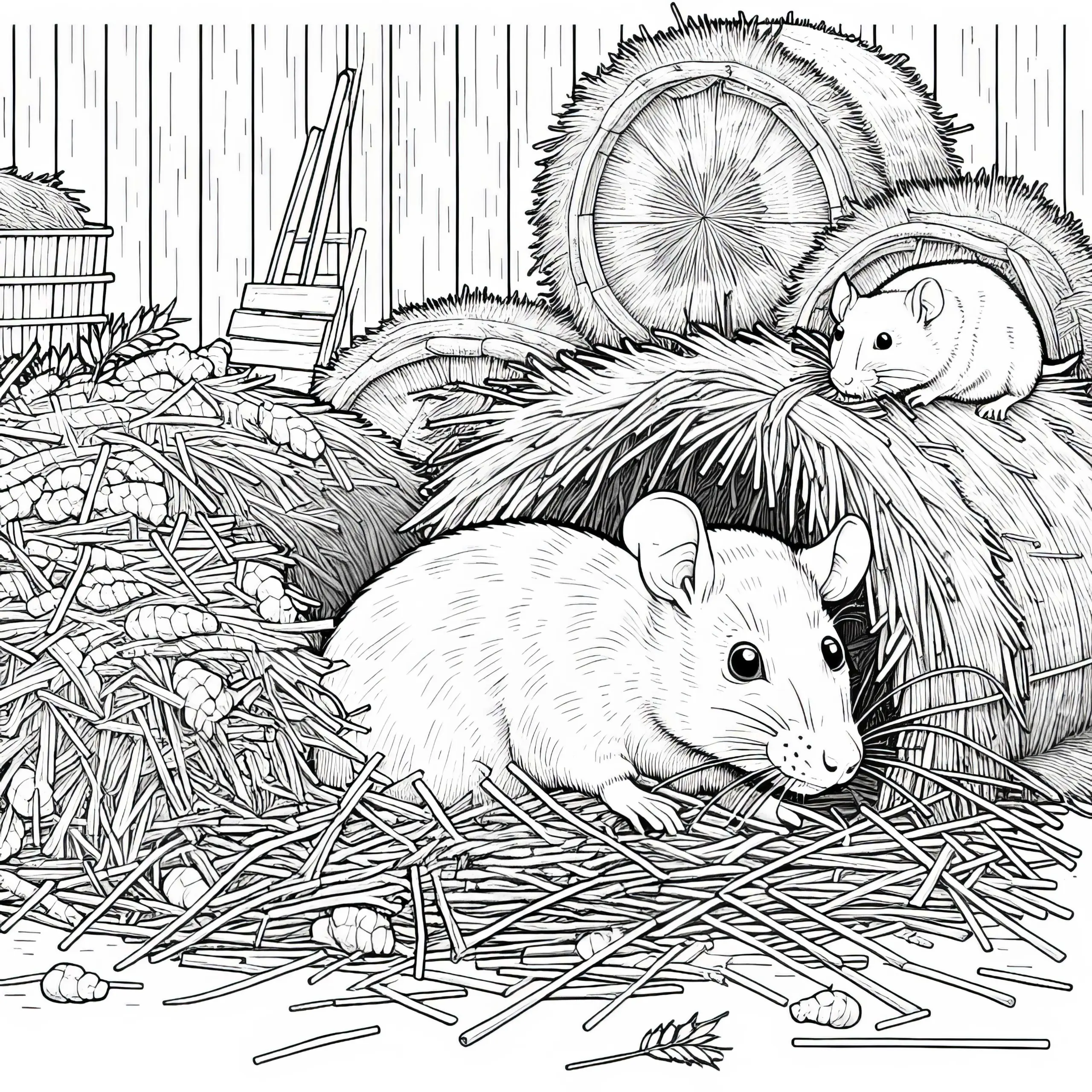 Ratte Versteckt Sich Zwischen Strohballe In Scheune – Malvorlage Detailreich Kostenlos (Ausmalbild)