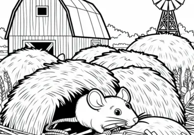 Eine Ratte versteckt sich zwischen Strohballen – Malvorlage gratis