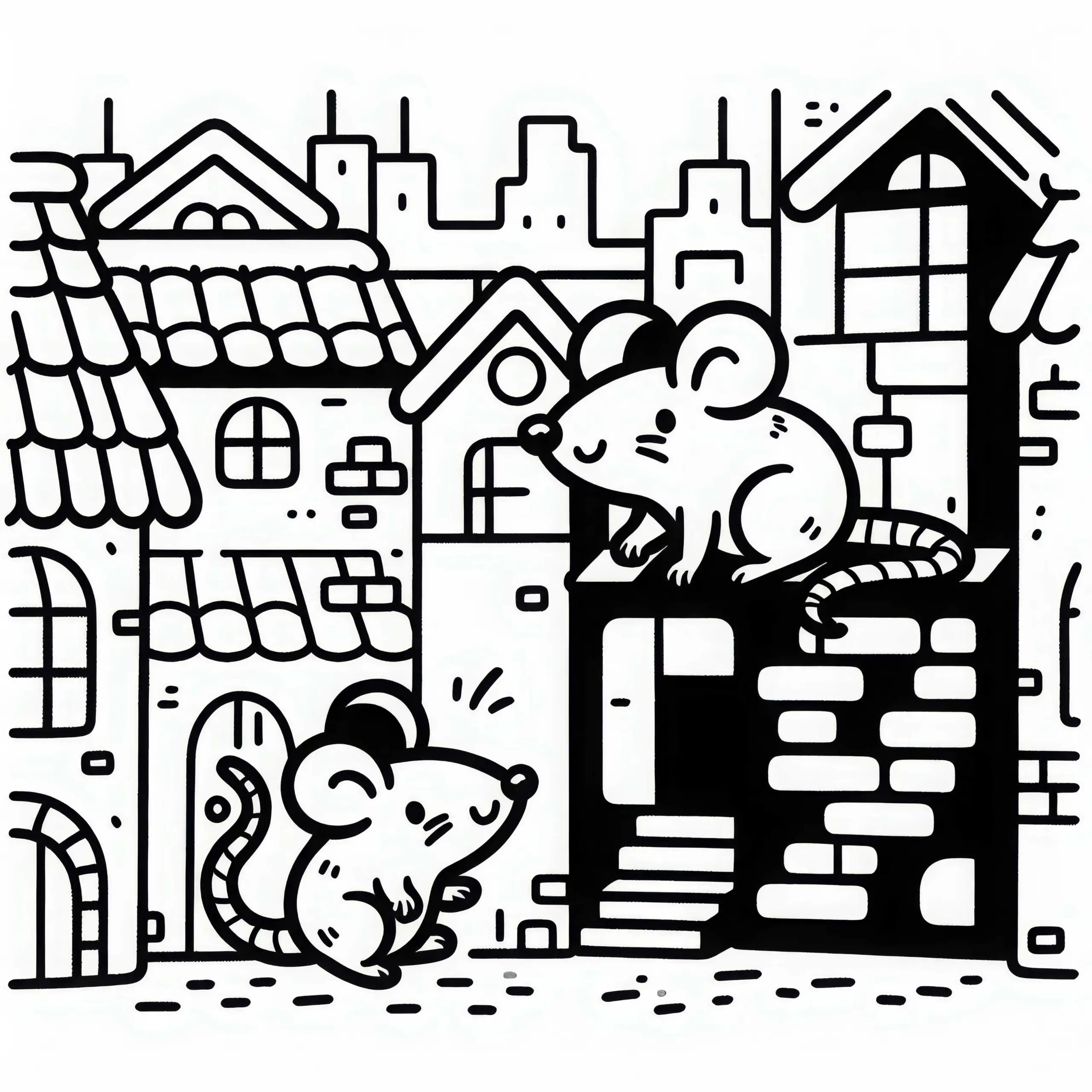 Ratten huschen durch die Stadt – Malvorlage einfach und kostenlos (Ausmalbild)