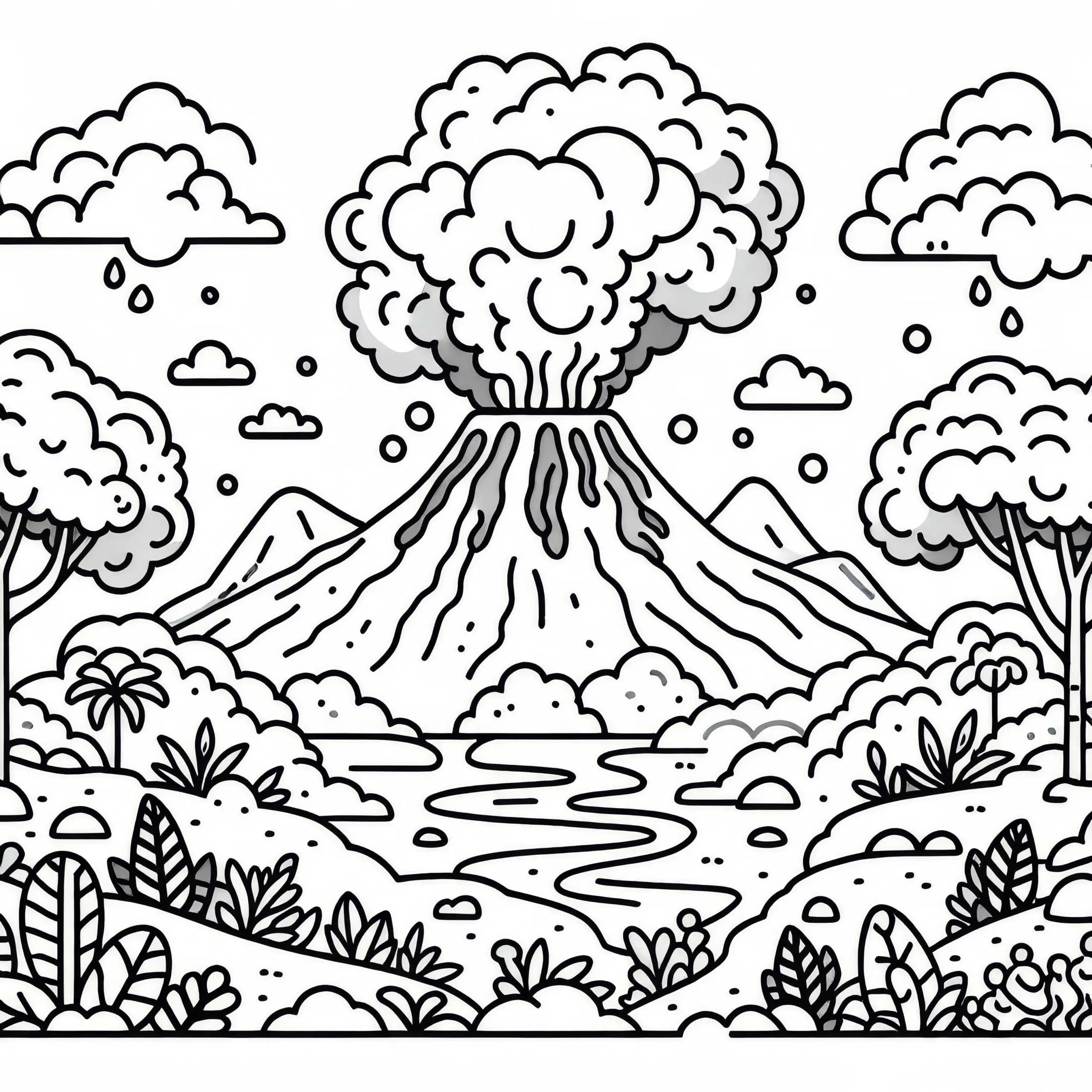 Rauchender Vulkan mit Lavaströmen – Malvorlage für Kinder (Ausmalbild)