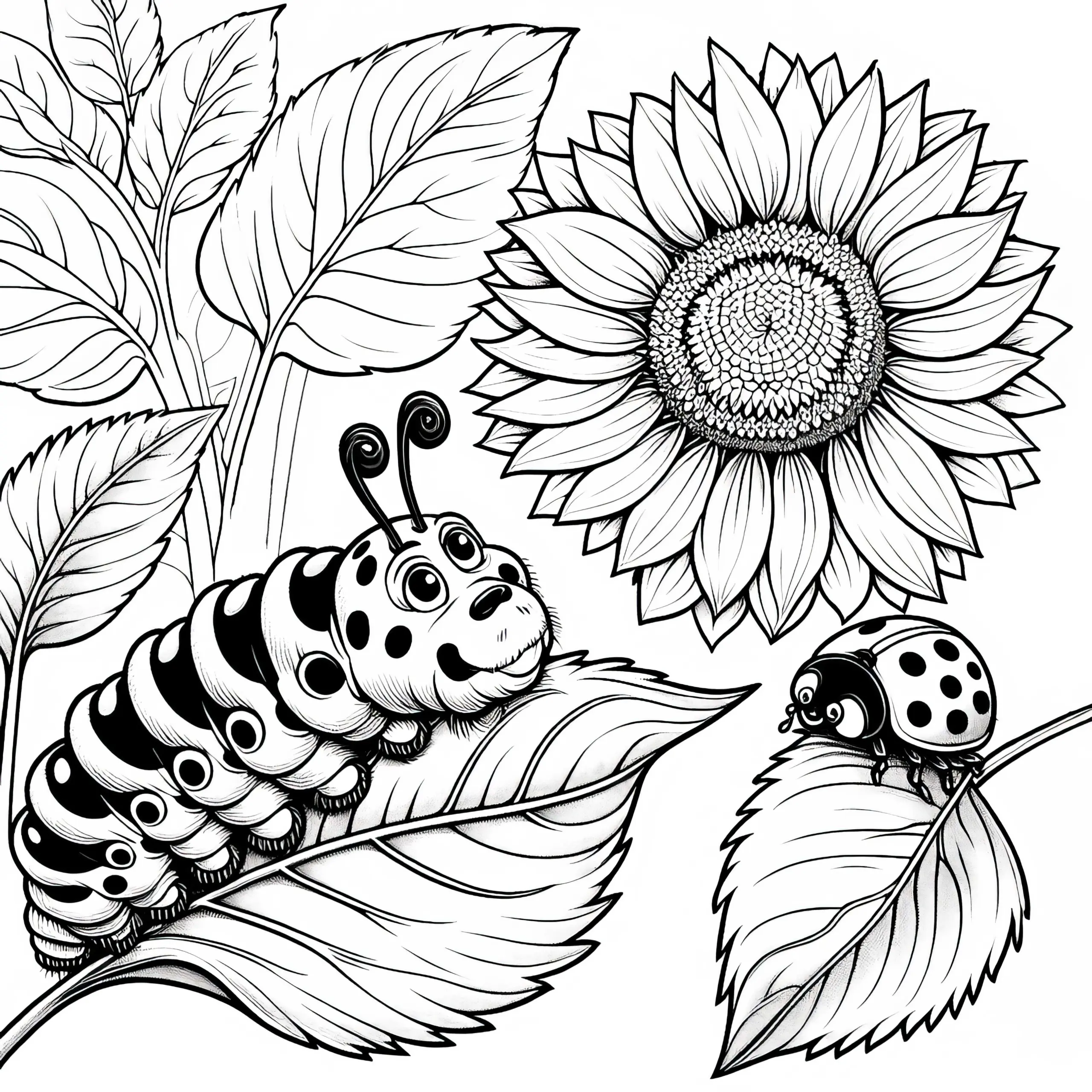 Raupe auf Sonnenblumenblatt mit Marienkäfer als Ausmalbild (Kostenlos)