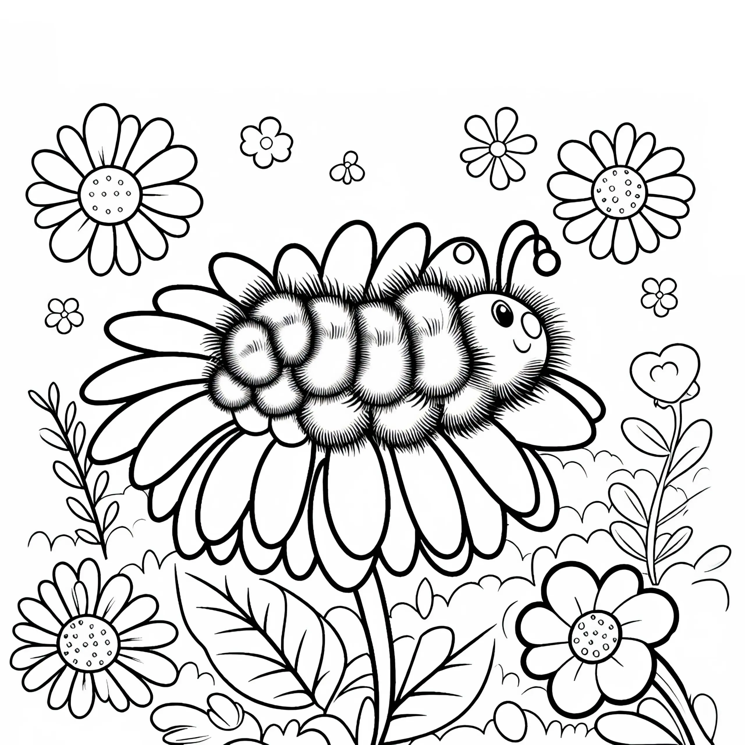 Raupe mit weichen Haaren auf einer Blume: Ausmalbild für Kinder (Kostenlos)