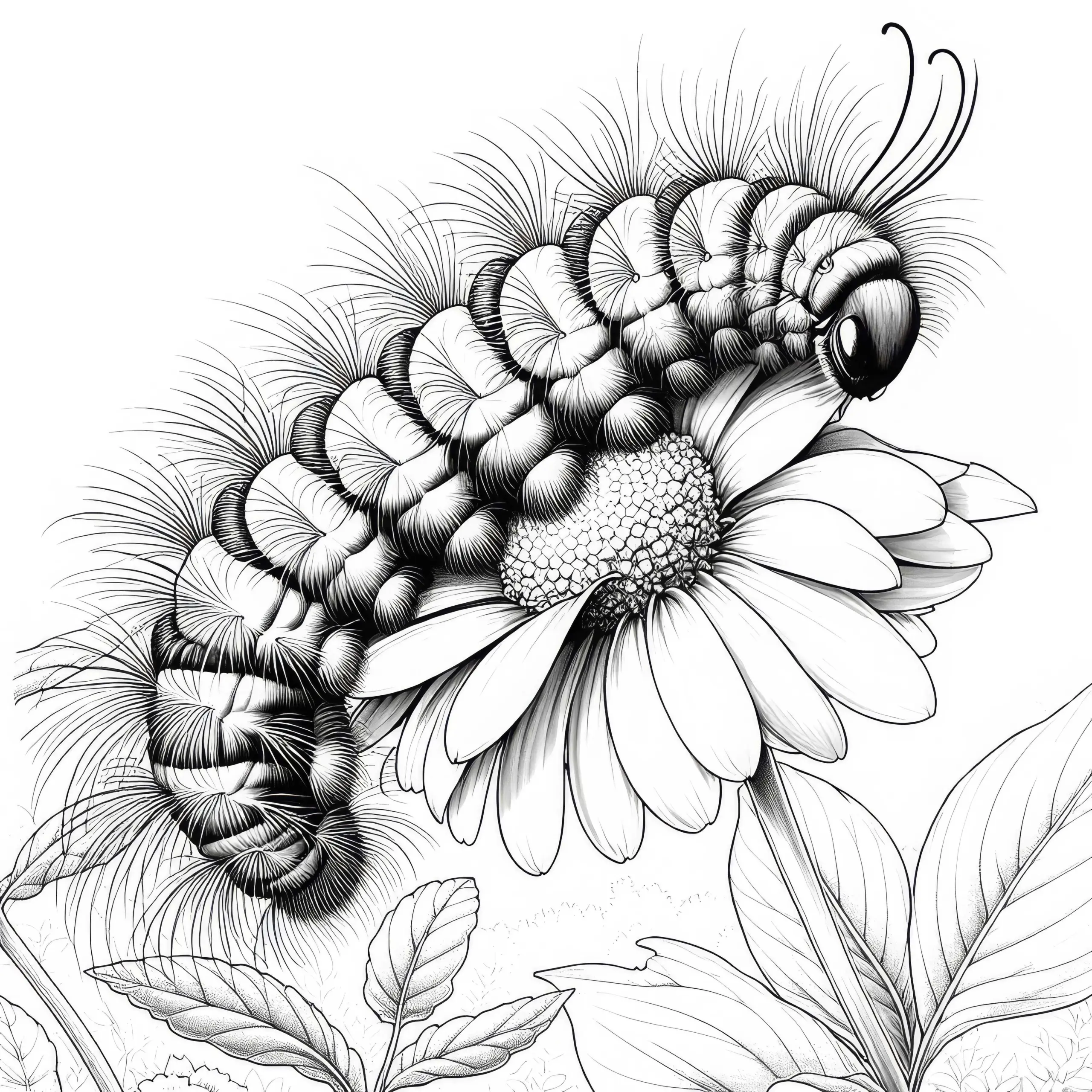 Raupe mit weichen Haaren krabbelt über Blume: Ausmalbild zum Herunterladen (Kostenlos)