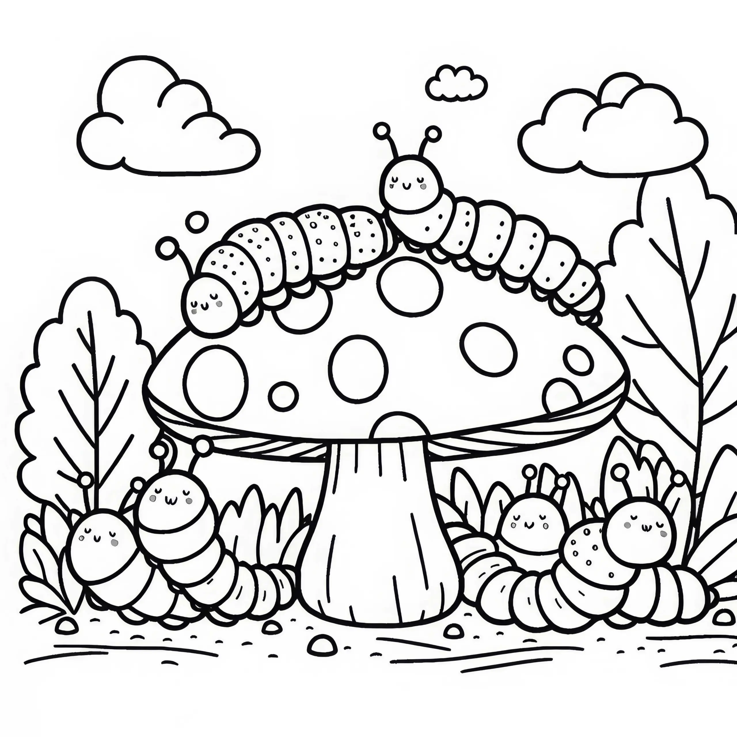 Raupen krabbeln über großen Pilz: Einfache Malvorlage (Kostenlos) (Ausmalbild)