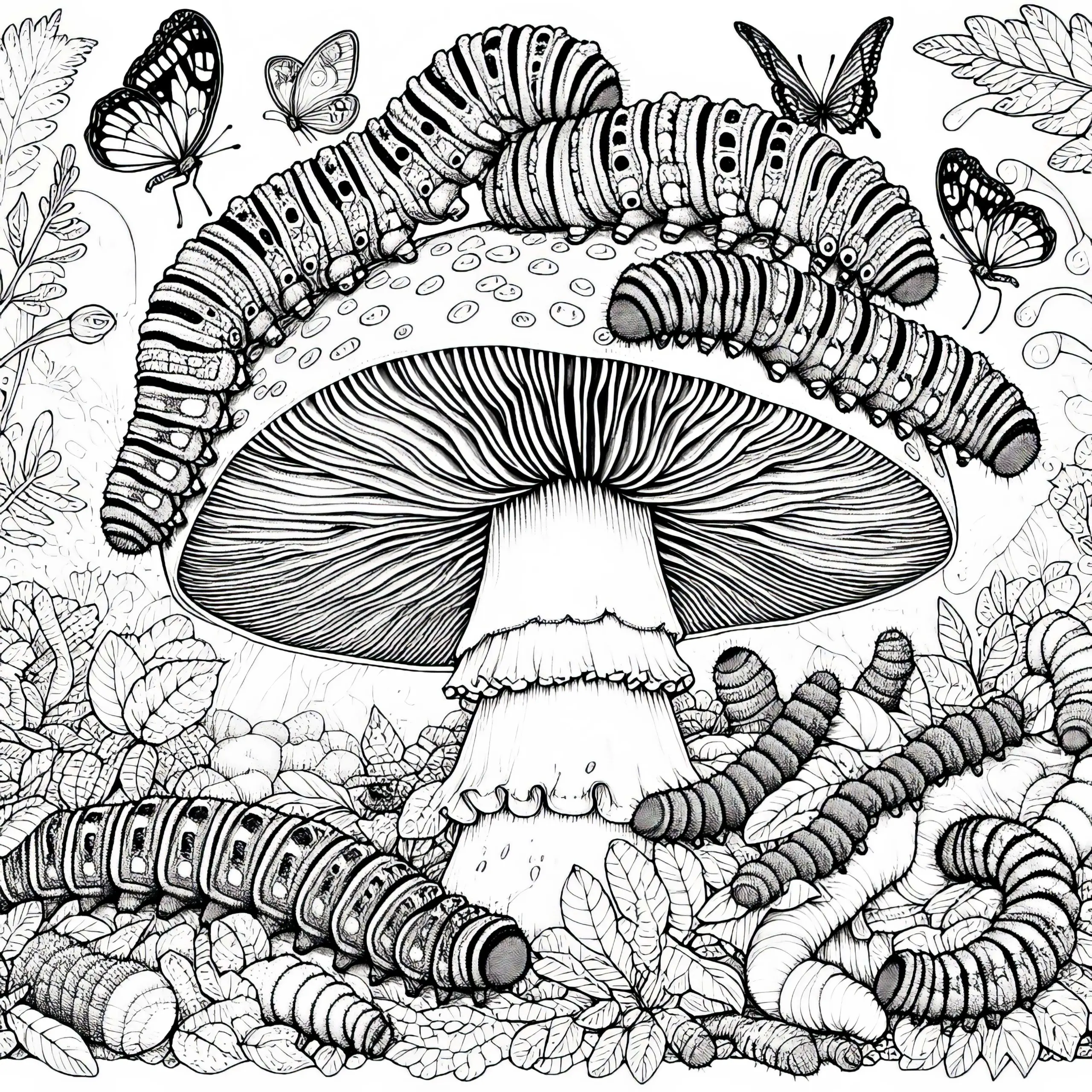 Raupen krabbeln über großen Pilz: Ausmalbild zum Download (Kostenlos)