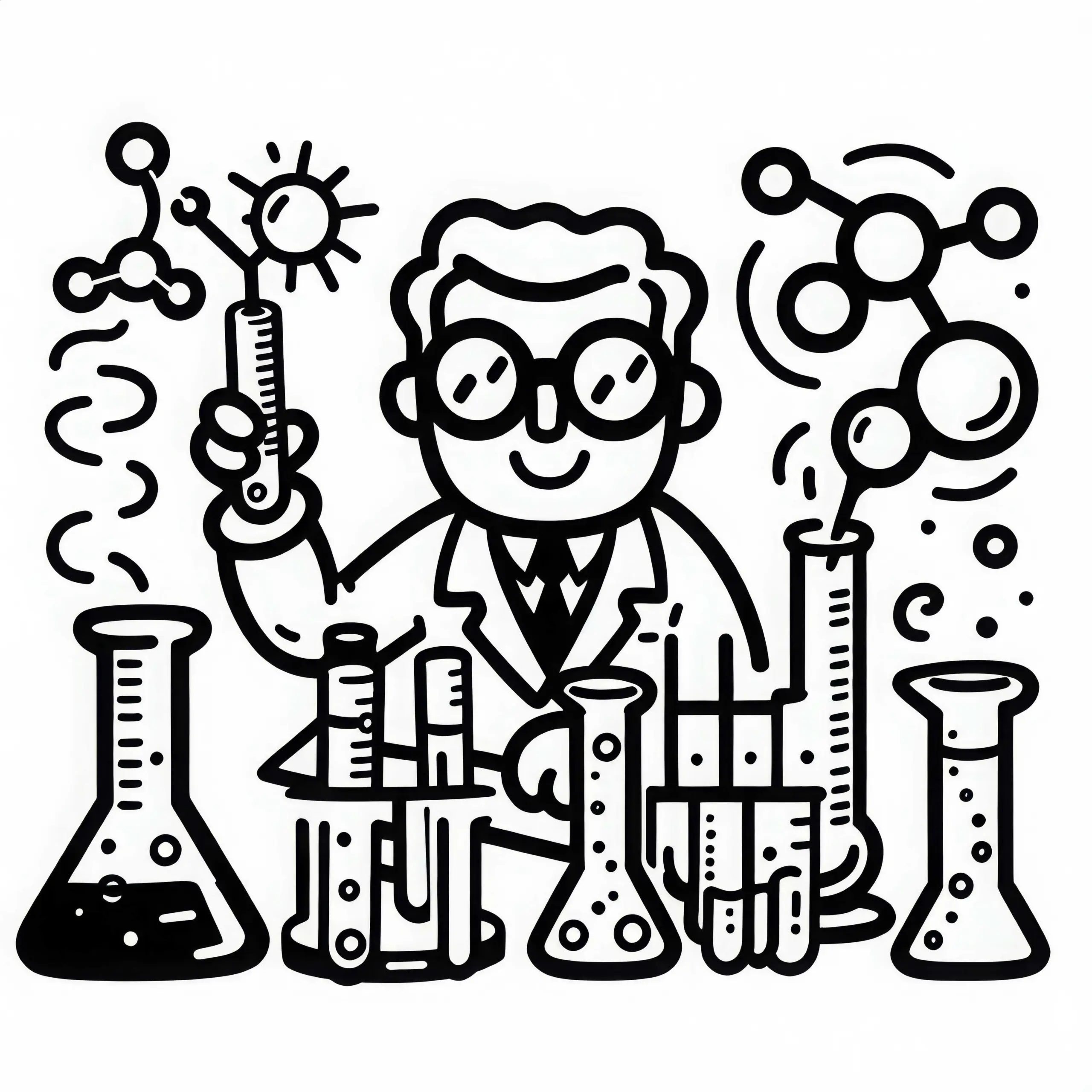 Reagenzglas und Kolben eines Chemikers als Ausmalbild kostenlos