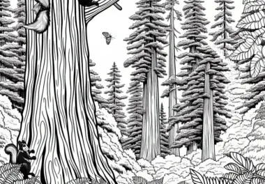 Redwood-Wald mit riesigen Bäumen – Malvorlage Nordamerika gratis