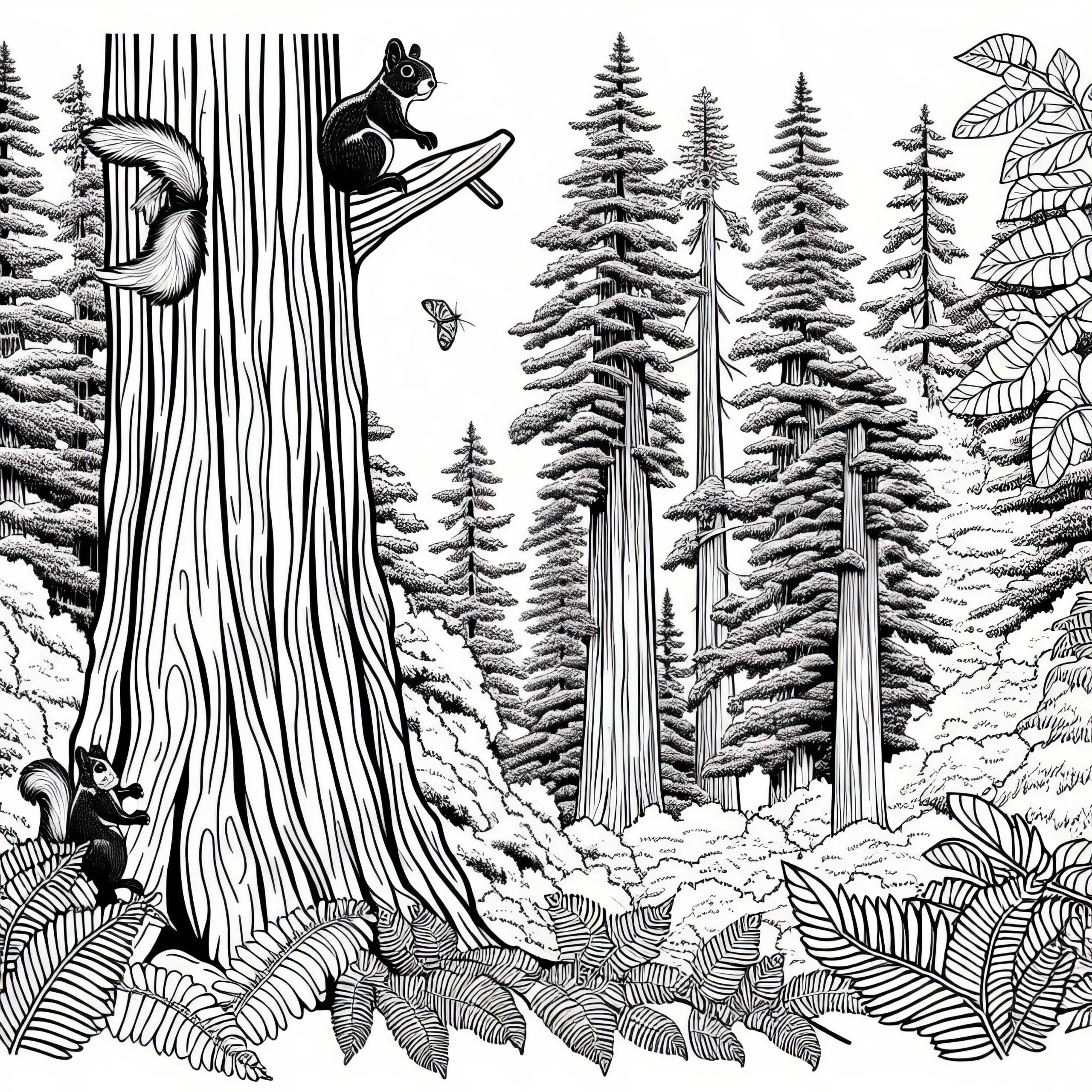 Redwood-Wald mit riesigen Bäumen – Malvorlage Nordamerika gratis (Ausmalbild)