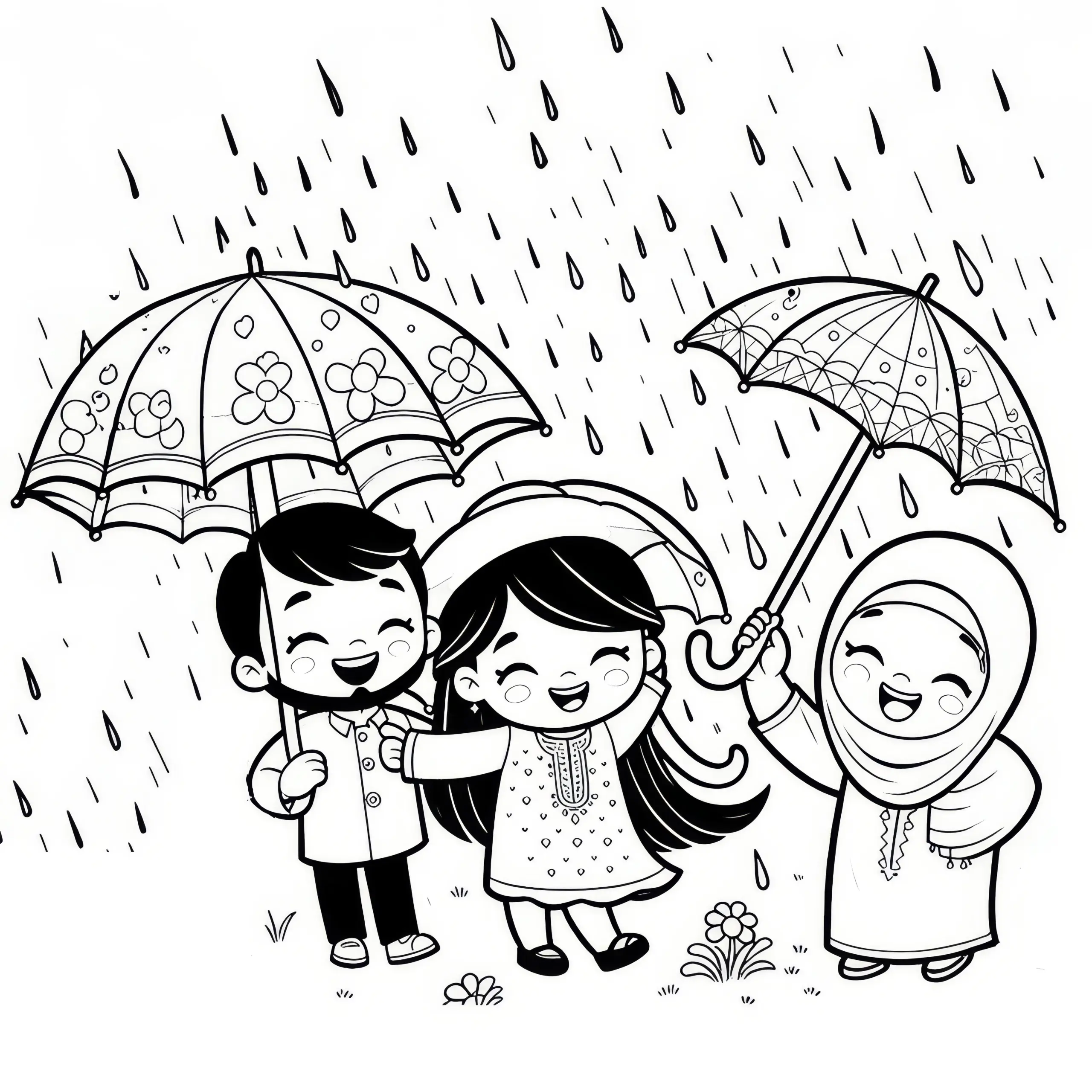 Regen im April mit Menschen unter Regenschirmen: Ausmalbild zum Download (Kostenlos)