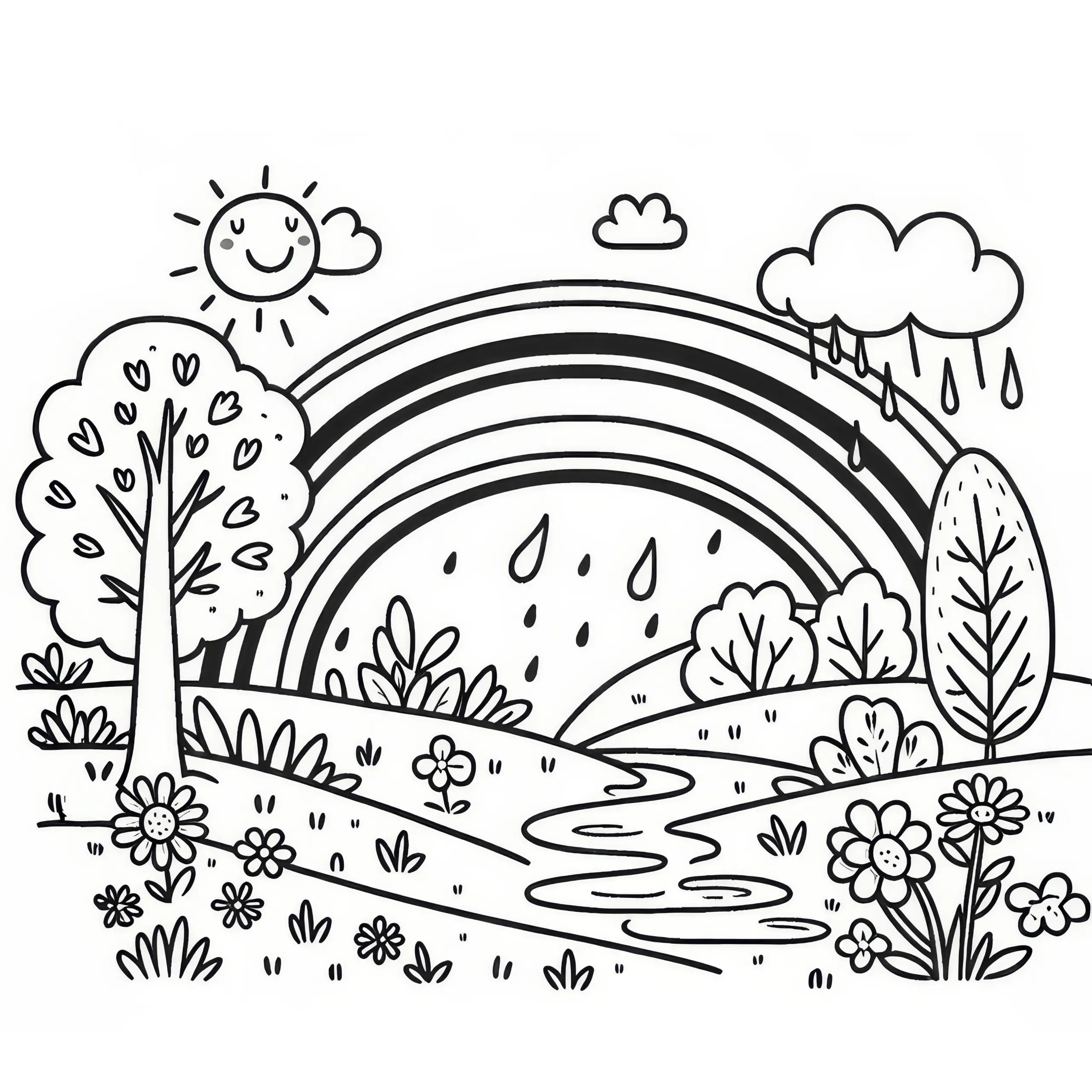 Regenbogen nach Frühlingsregen im März: Gratis Malvorlage (Ausmalbild)
