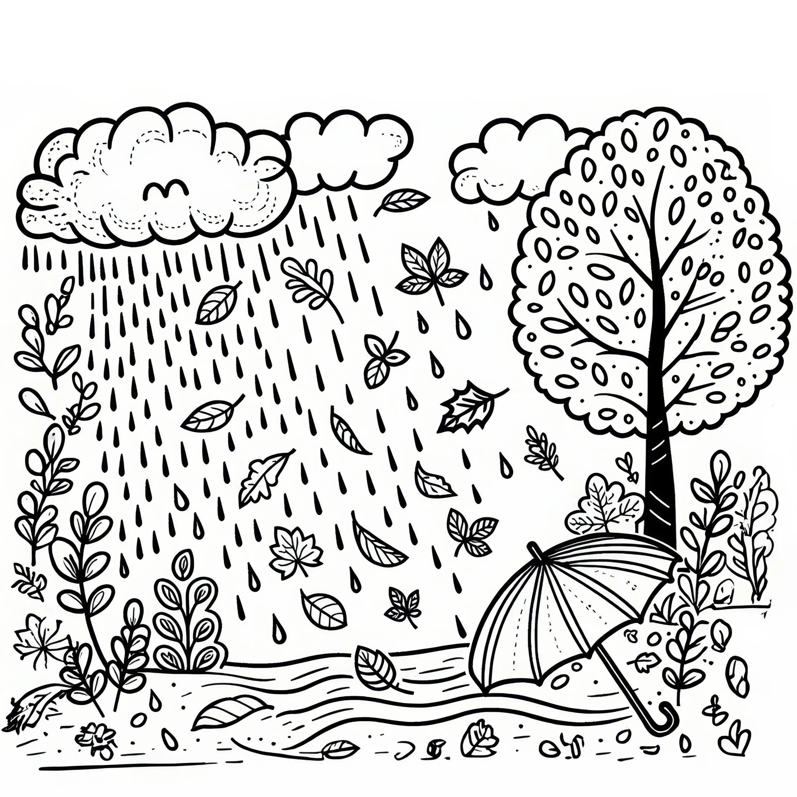 Regenschauer mit Blättern, die durch die Luft im September fliegen: Ausmalbild zum Download (Gratis)