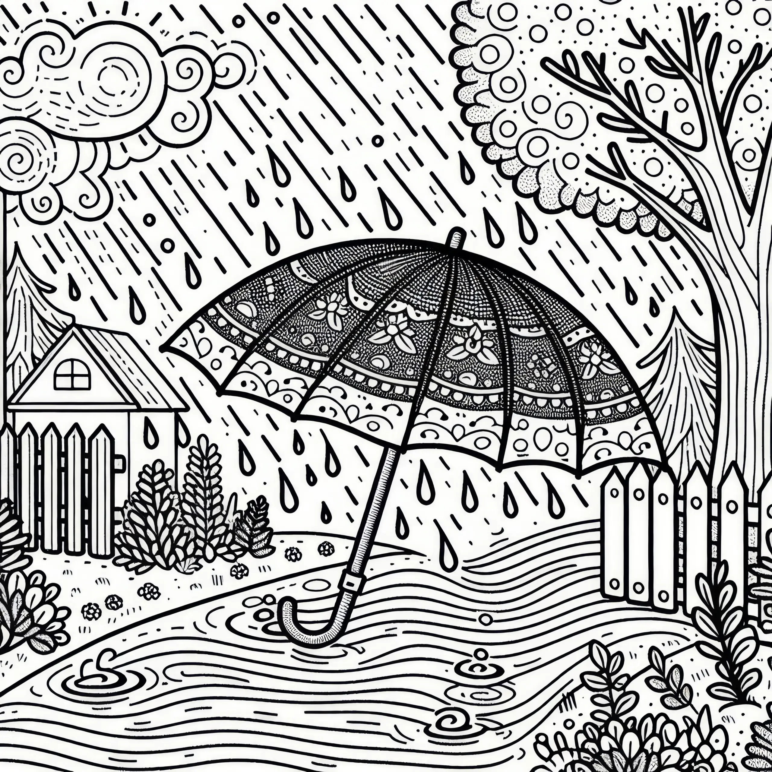 Regenschirm im September-Regen: Gratis Malvorlage (Ausmalbild)