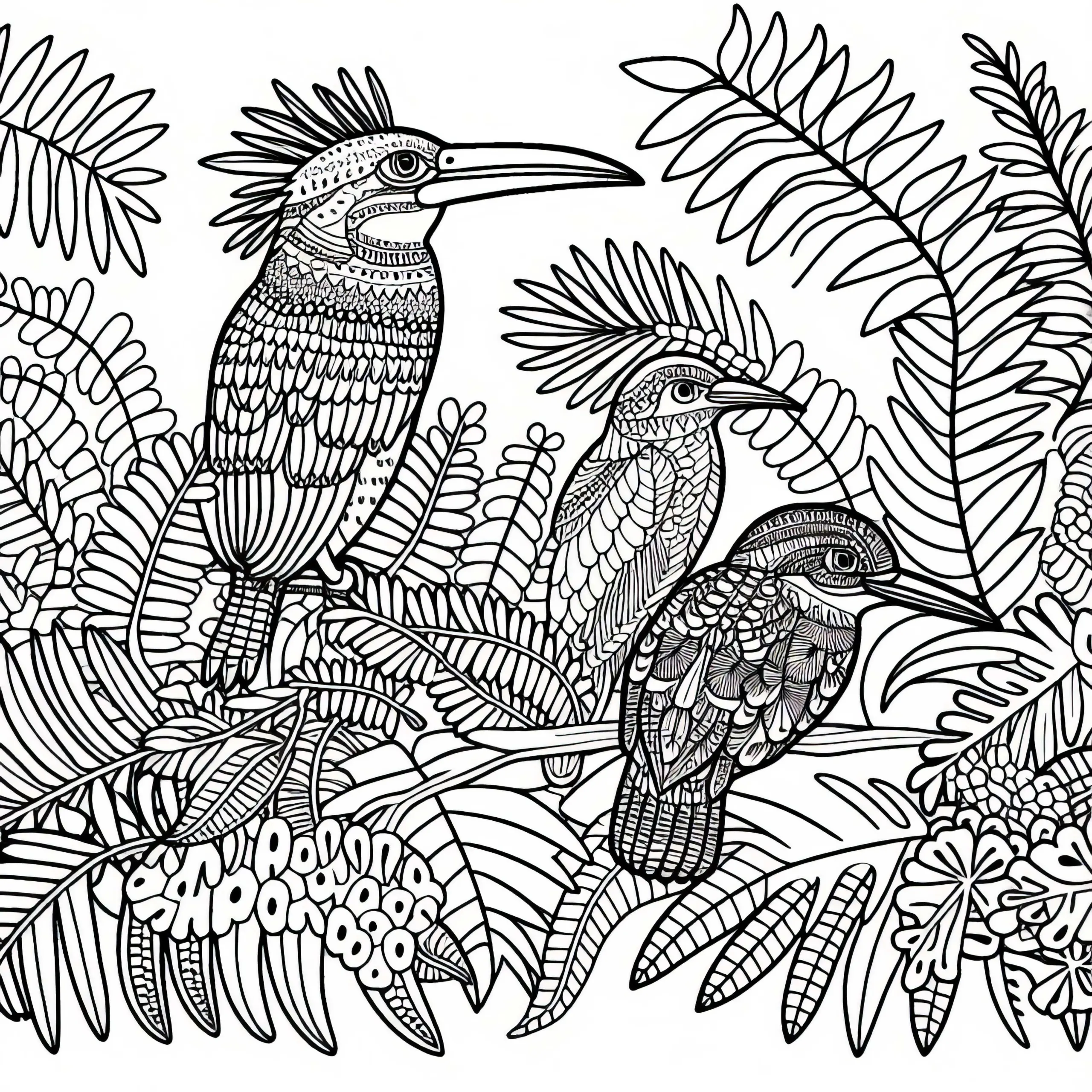 Regenwälder von Queensland mit Vögeln und FARNEN – Gratis Malvorlage aus Australien und Ozeanien (Ausmalbild)