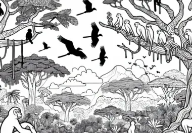 Regenwald in Zentralafrika mit Vögeln und Affen – Ausmalvorlage kostenlos